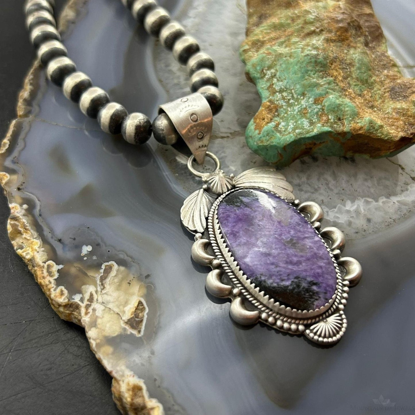 Sterling Silver Southwestern Style Oval Charoite Decorated Pendant For Women