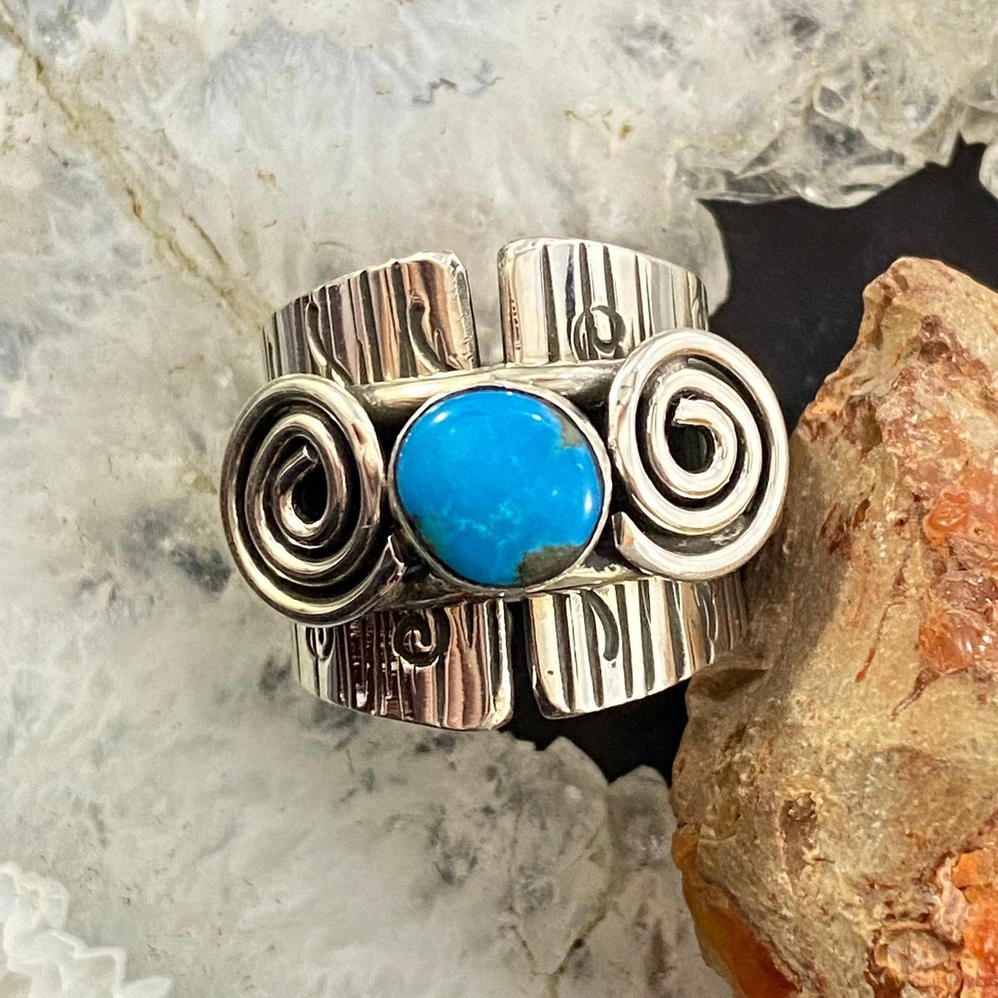 Alex Sanchez Sterling Silver Turquoise Petroglyph Band Ring Size 8.75 For Women