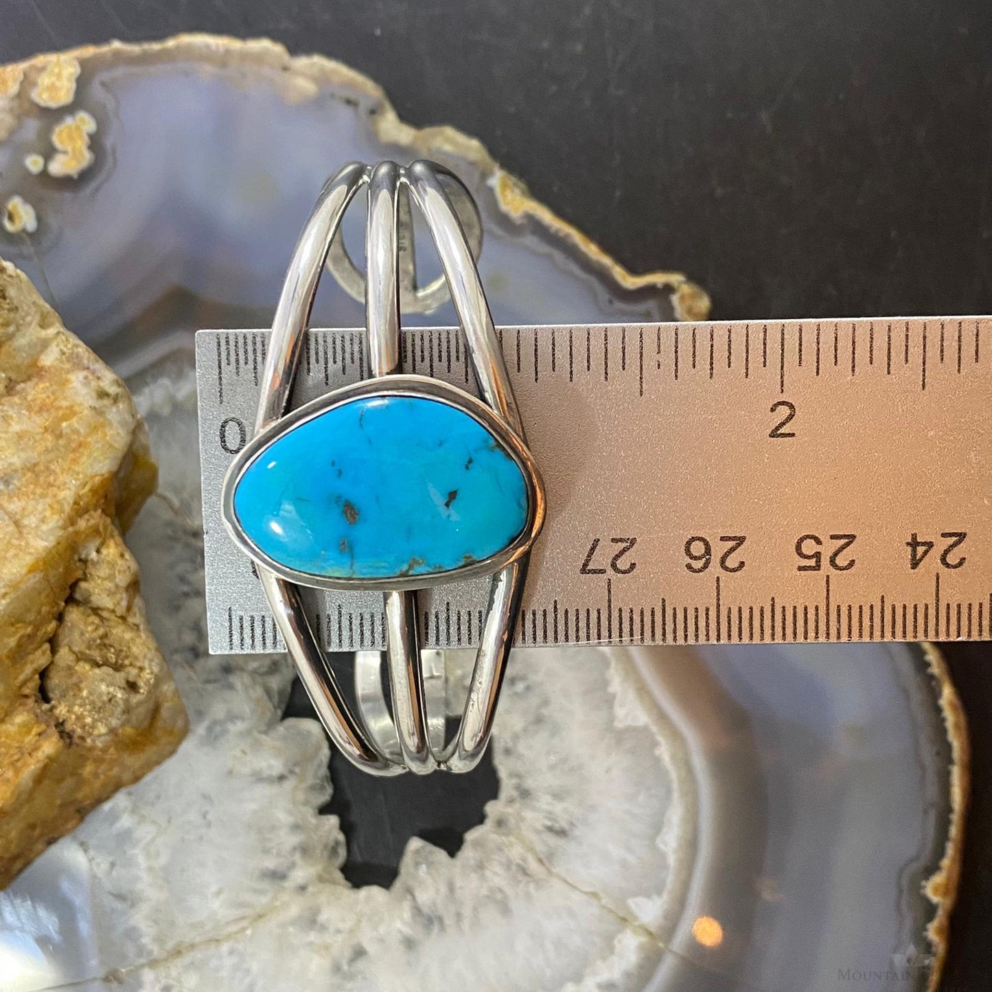 Vintage Signed Native American Sterling Silver Turquoise Split Shank Bracelet For Women