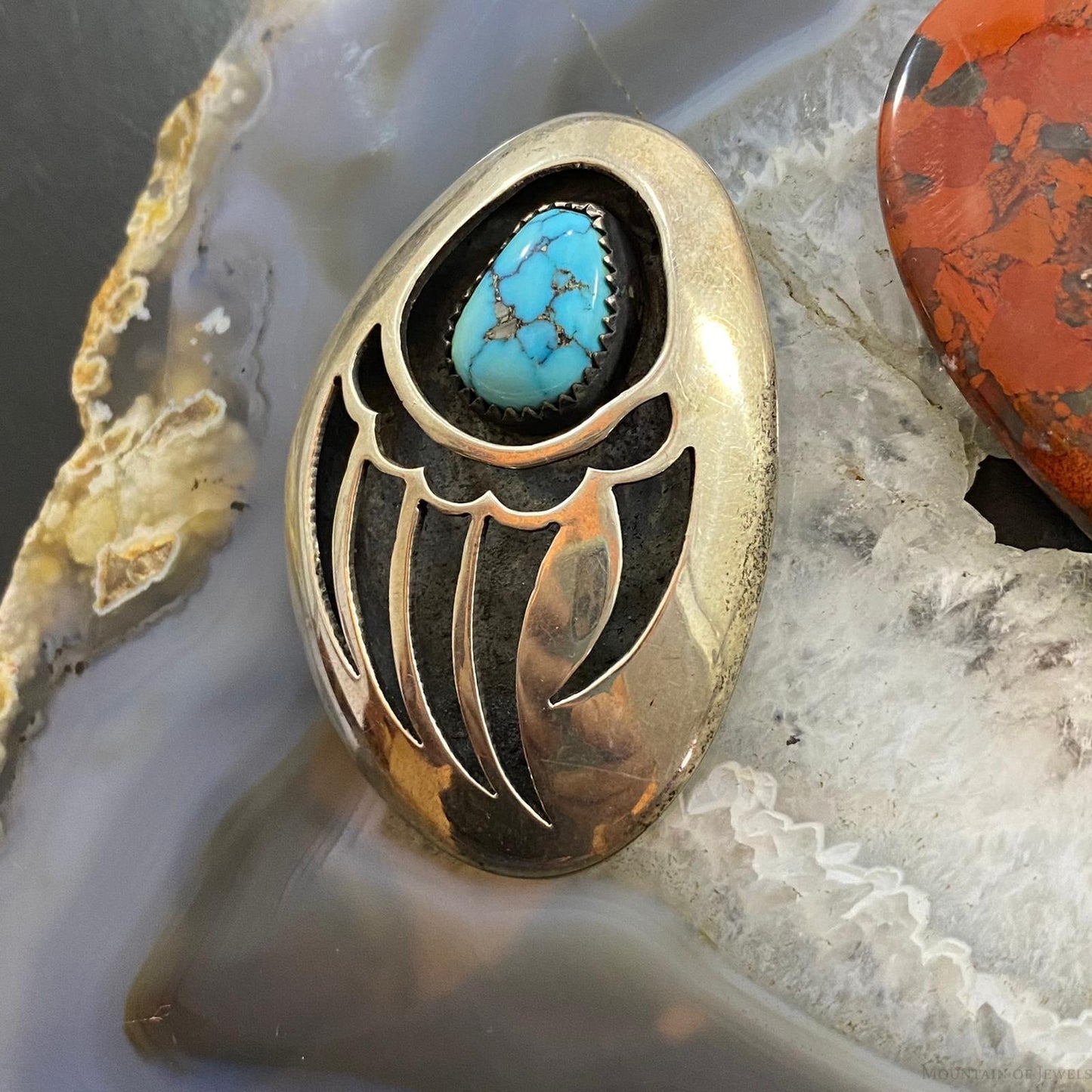 Vintage Native American Silver Turquoise Shadowbox Bear Claw Brooch For Women