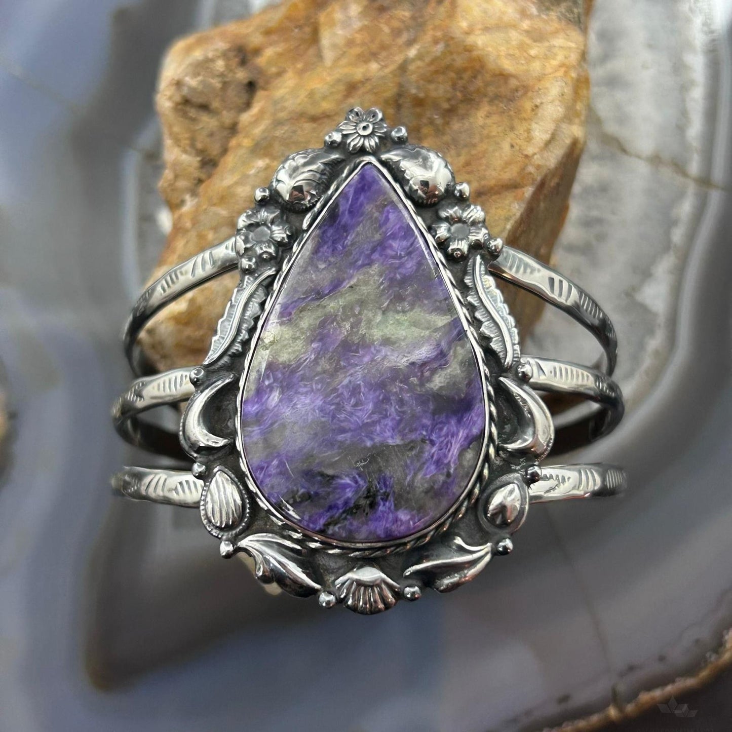 Sterling Silver Southwestern Style Large Teardrop Charoite Bracelet For Women