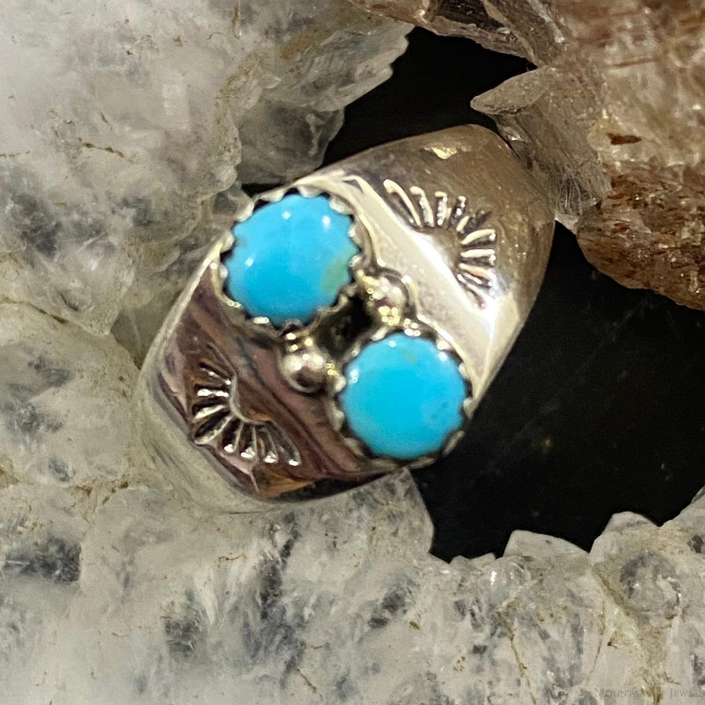 Native American Sterling Double Turquoise Decorated Ring Size 5/ 6.5 /7.5 / 8 For Women