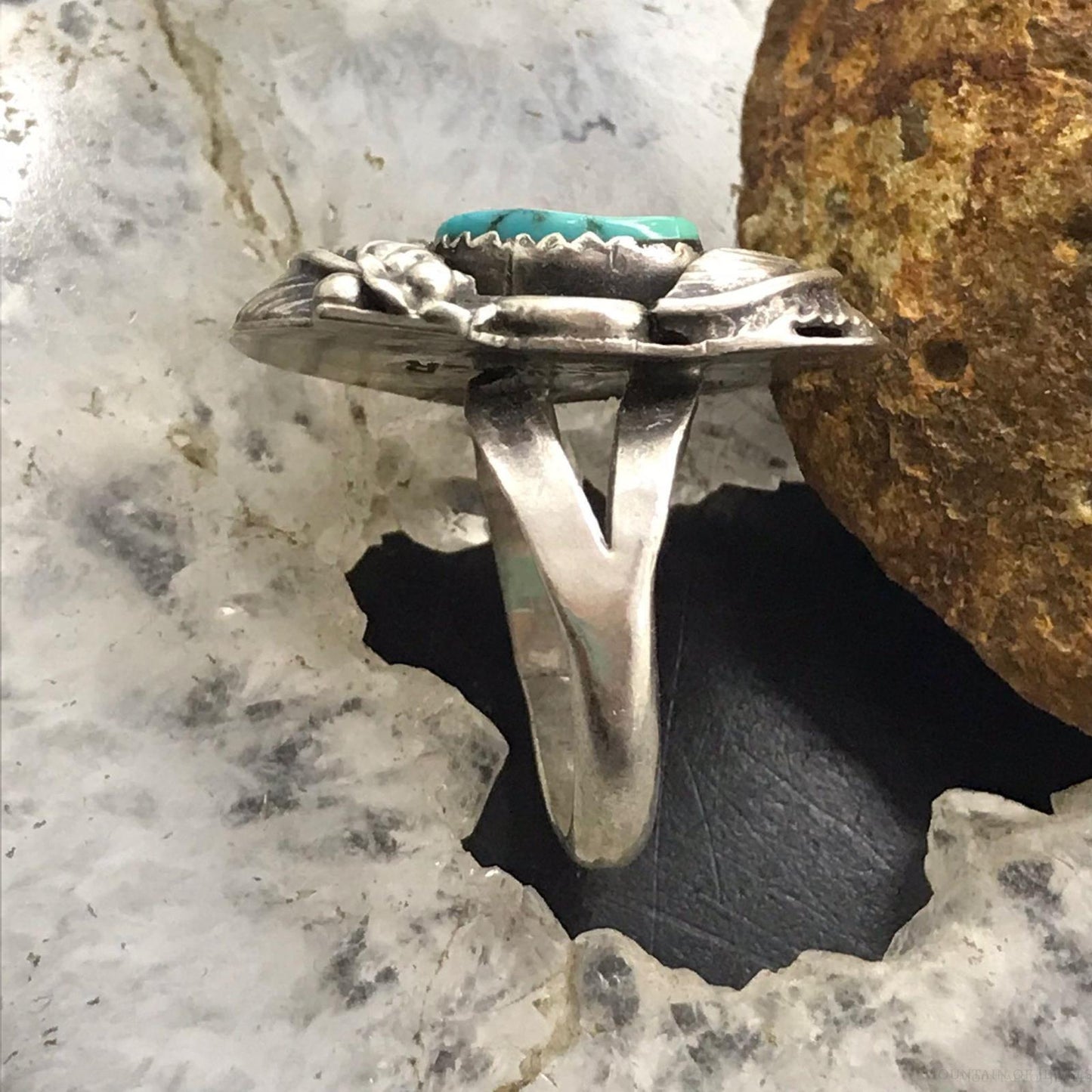 Vintage Signed Native American Silver Turquoise Floral Ring Size 7.5 For Women
