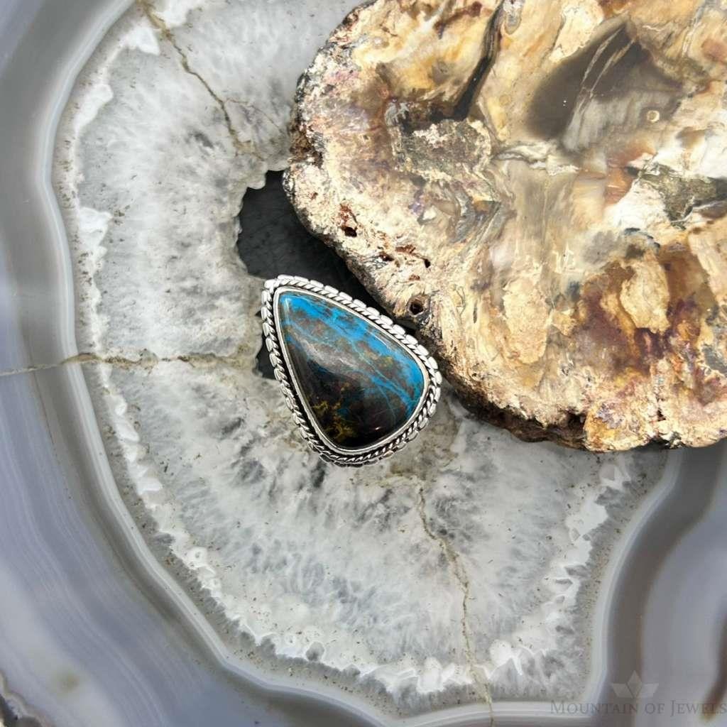 Sterling Silver Southwestern Style Teardrop Chrysocolla Decorated Ring Size 7.25 For Women