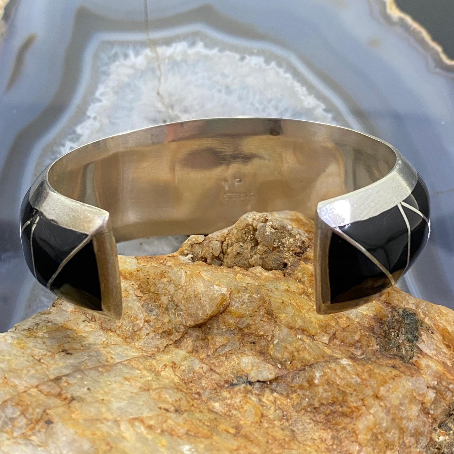 Signed Vintage Native American Sterling Channel Onyx Inlay Bracelet For Women