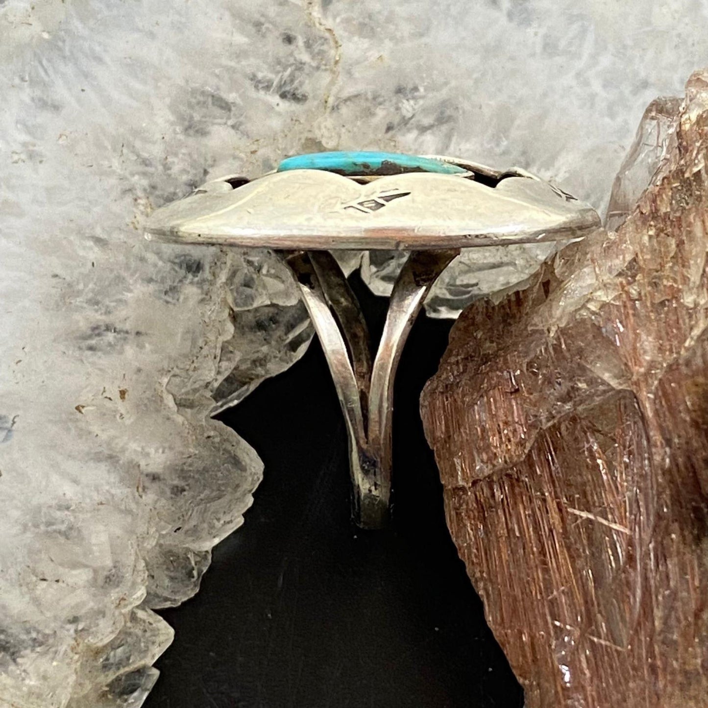 Vintage Native American Silver Shadow Box Turquoise Ring Size 6.25 For Women