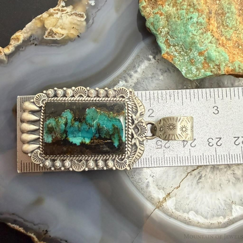 Sterling Silver Southwestern Style Rectangle Blackjack Turquoise Decorated Pendant