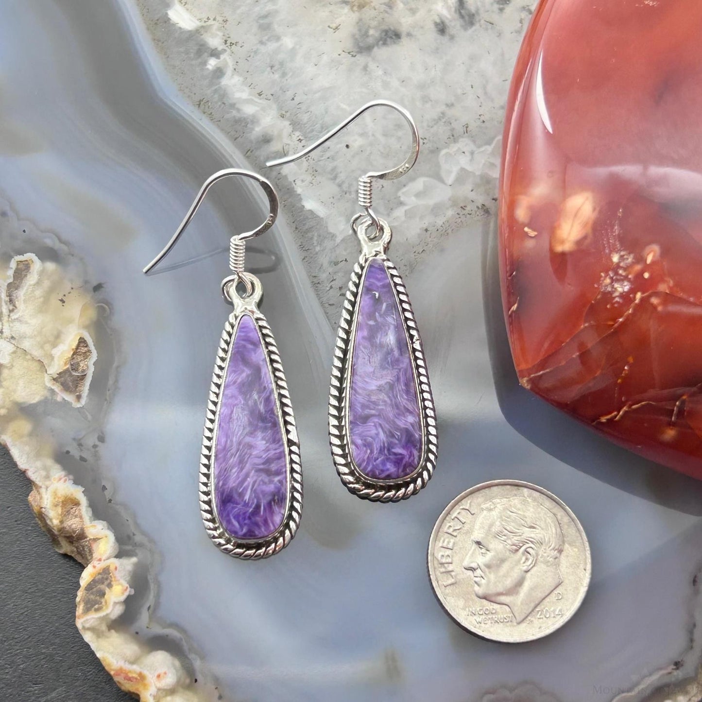 Sterling Silver Southwestern Style Teardrop Charoite Dangle Earrings For Women