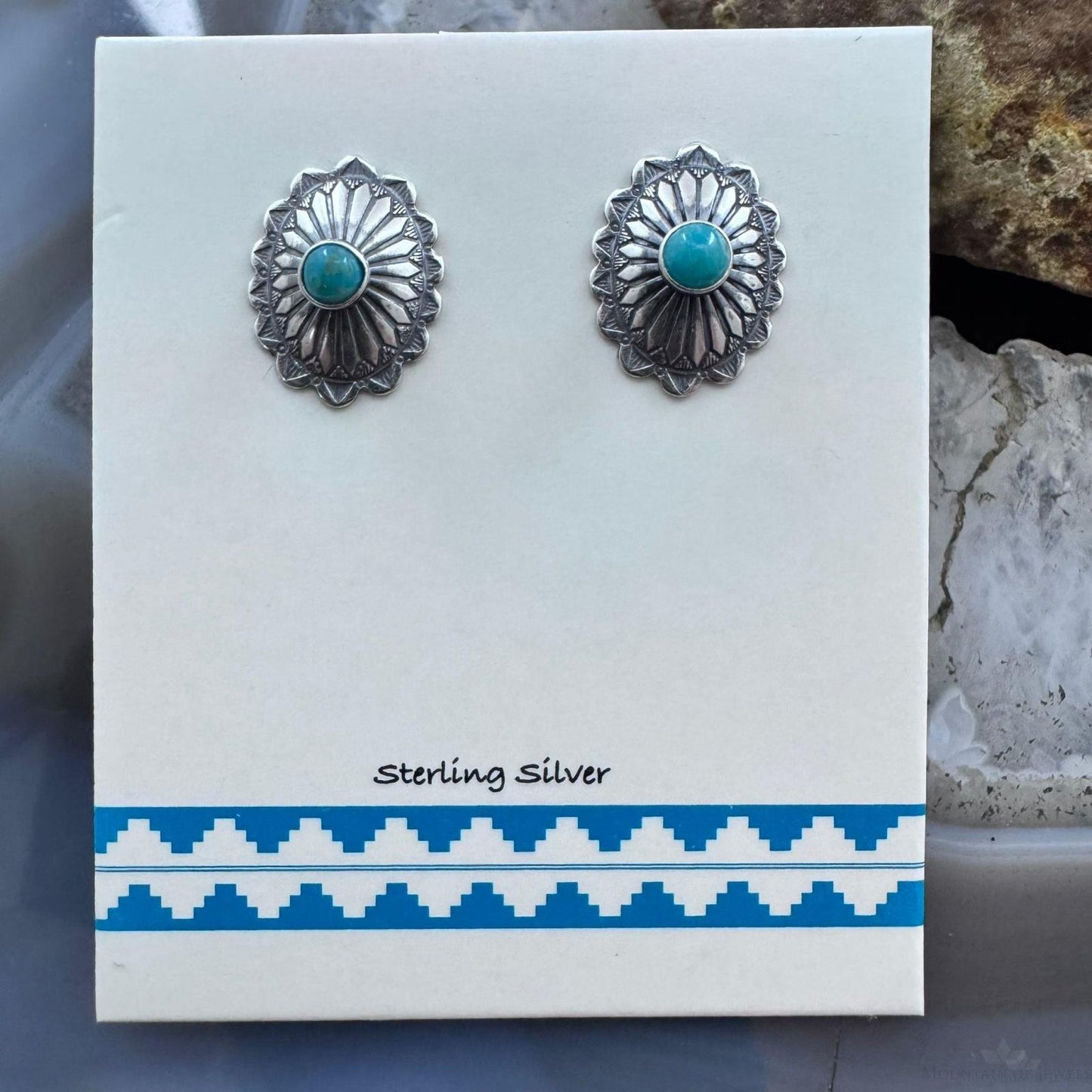 Sterling Silver Repousse Oval Concho with Turquoise Stud Earrings For Women