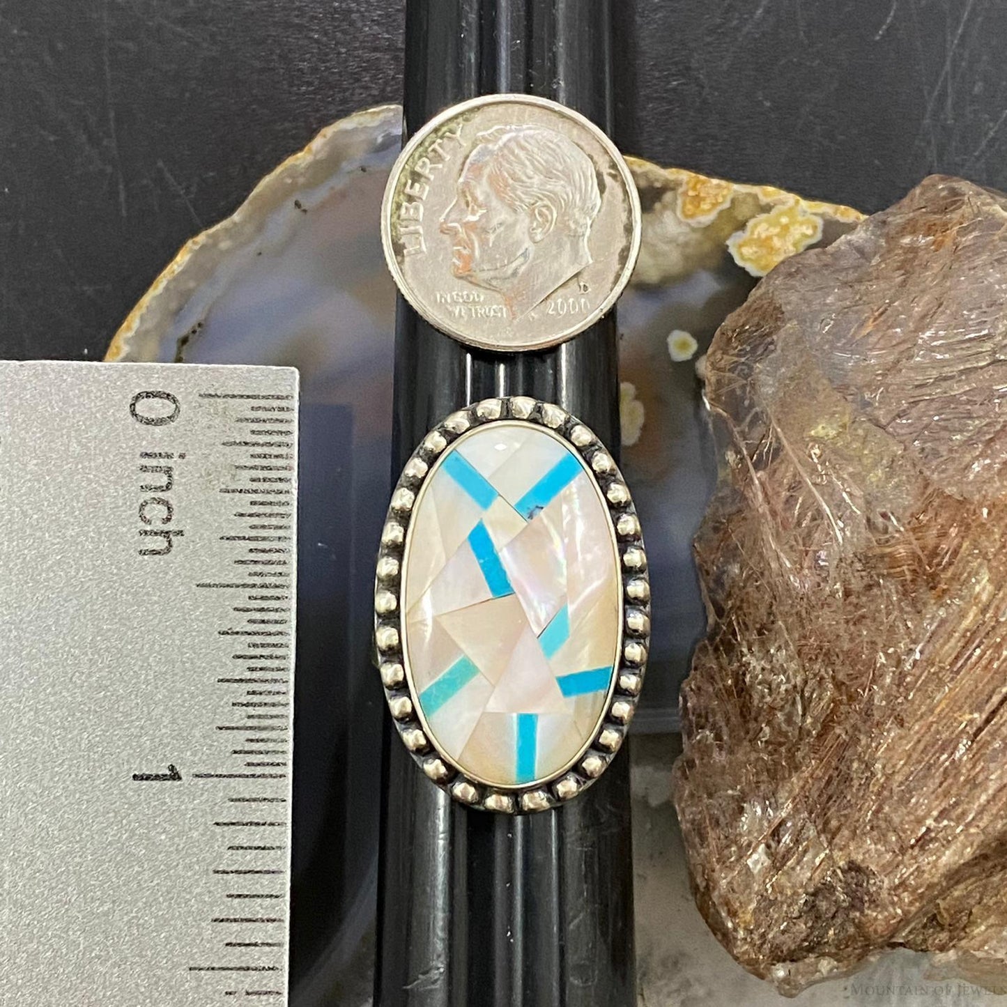 Carolyn Pollack Southwestern Style Sterling Oval MOP & Turquoise Inlay Ring For Women Sz Variety