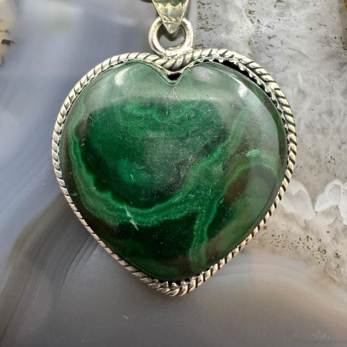 Sterling Silver Southwestern Style Malachite Heart Shape Pendant For Women