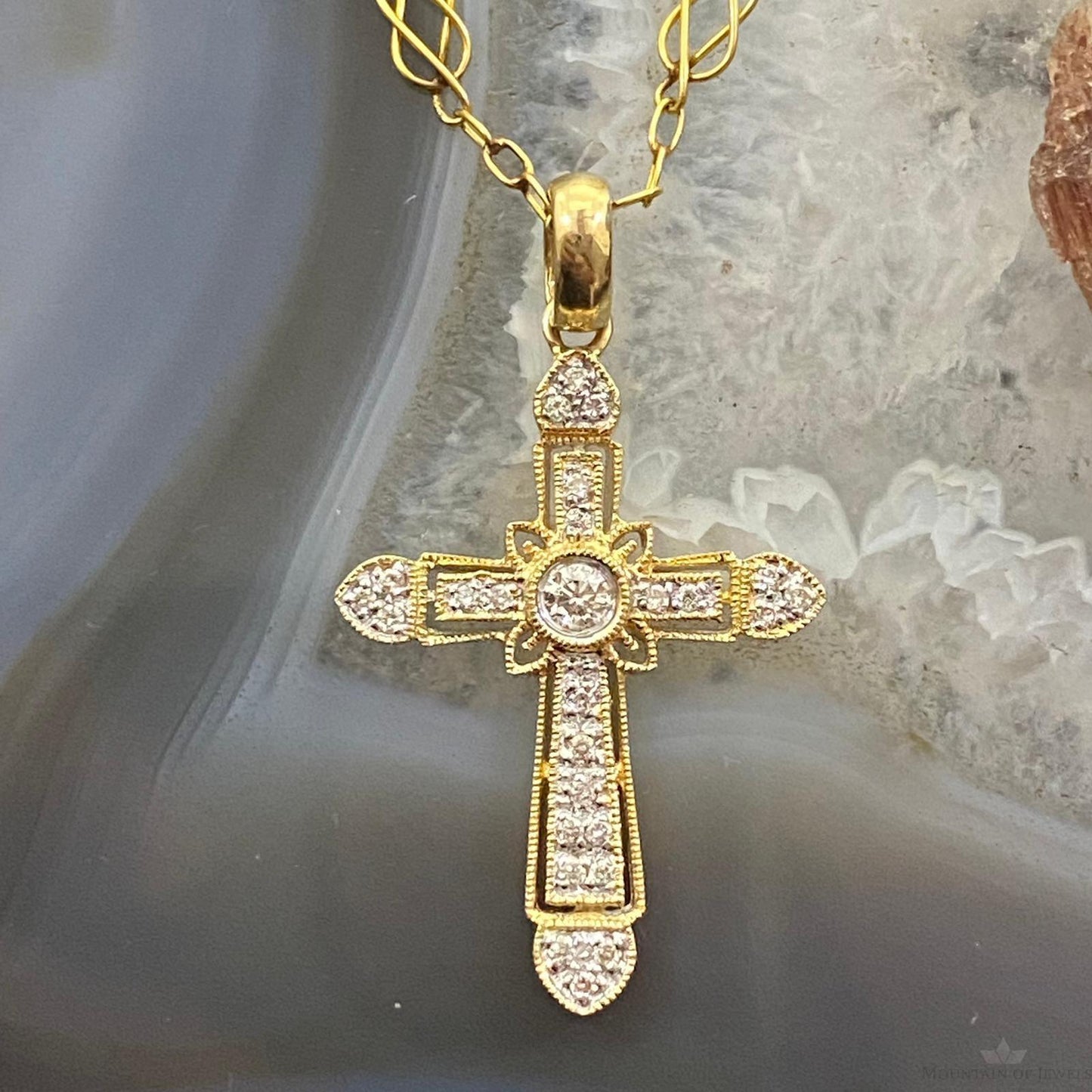 14K Two Tone Yellow & Rose Gold w/Diamonds Cross Pendant For Women
