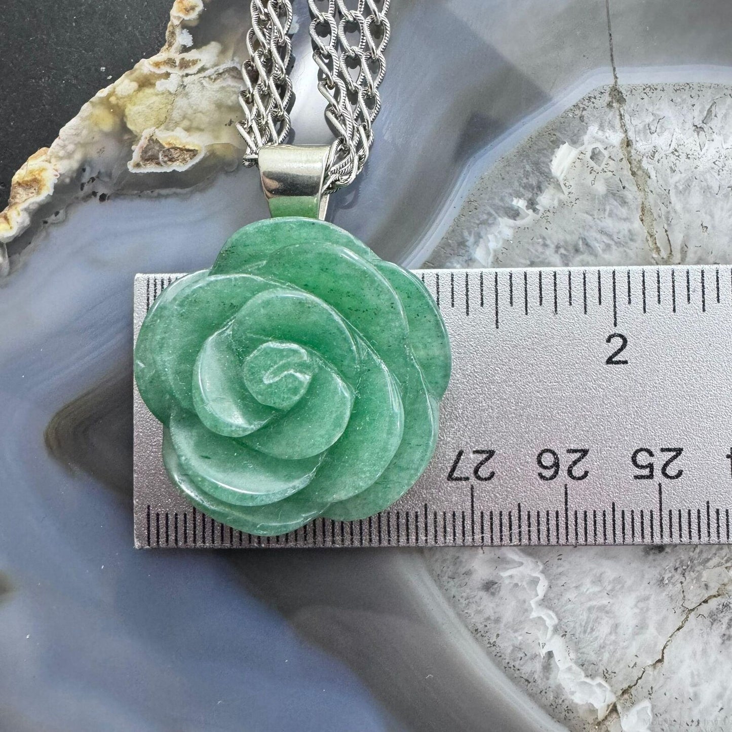 Carolyn Pollack Sterling Carved Green Aventurine Rose Pendant W/Chain Necklace For Women