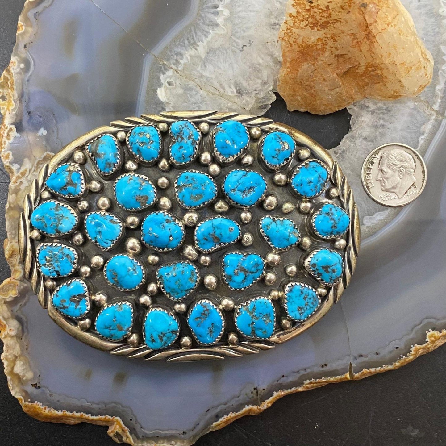 Vintage Harry Spencer Navajo Sterling Silver Multi Turquoise Stamped Belt Buckle
