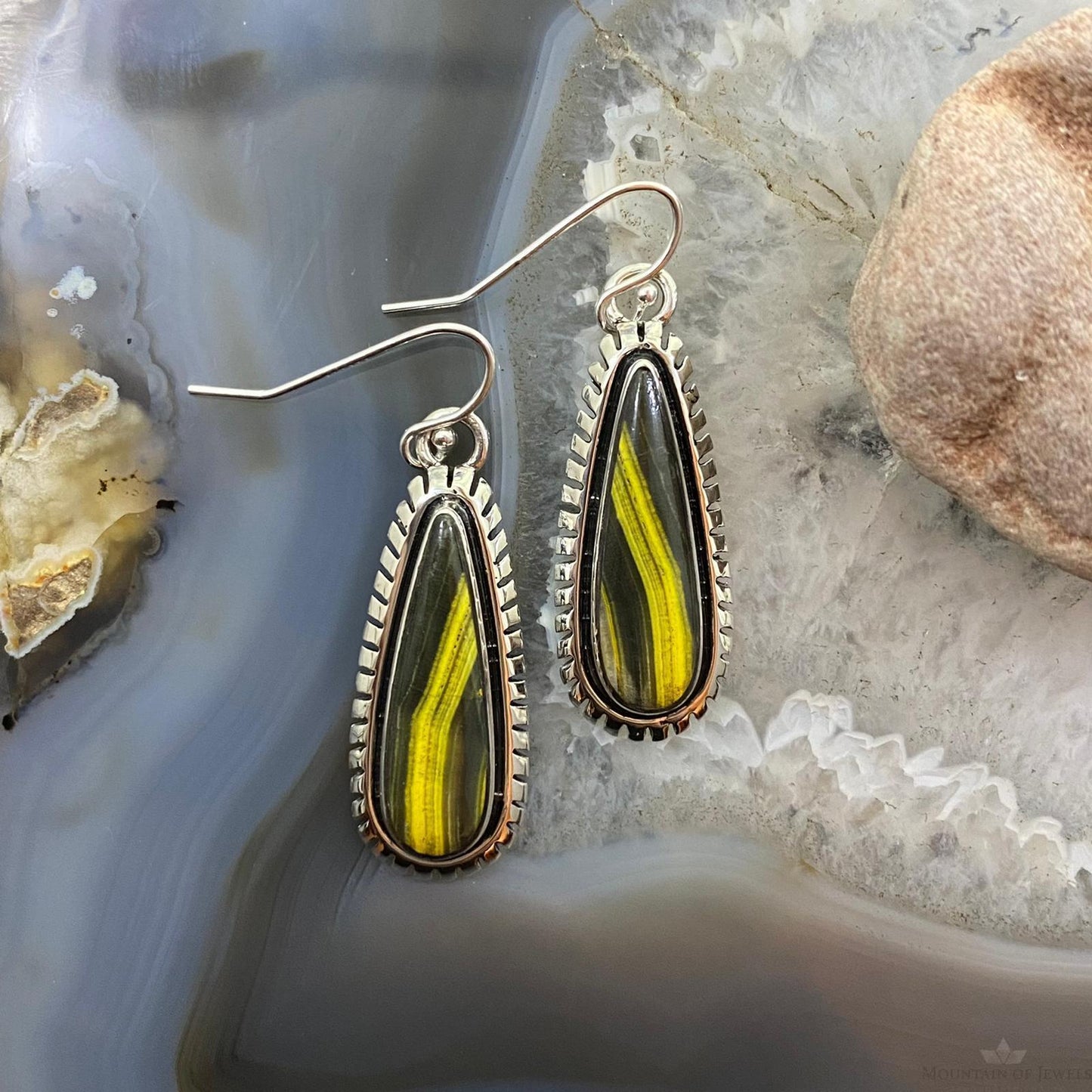 Native American Sterling Silver Teardrop Unique Bumblebee Jasper Dangle Earrings