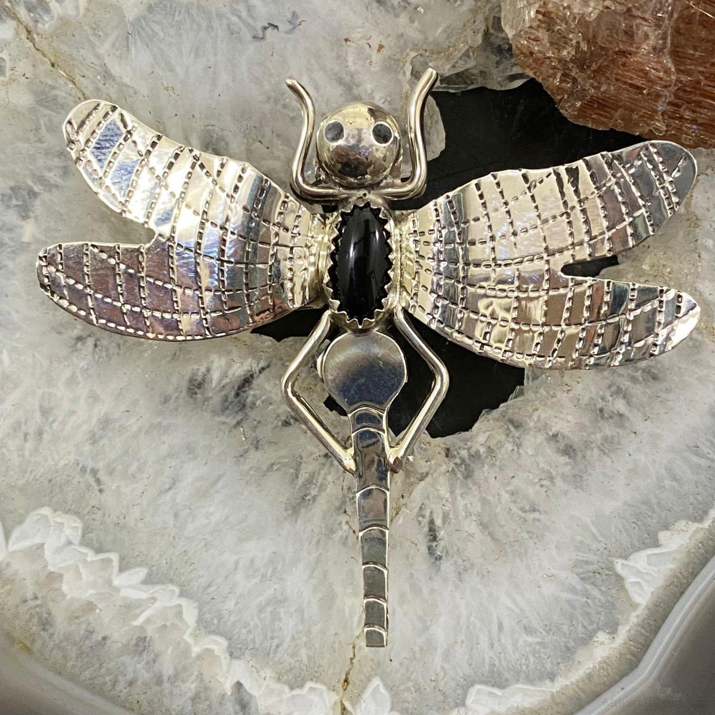 Native American Sterling Silver Oval Onyx Fly Unisex Brooch