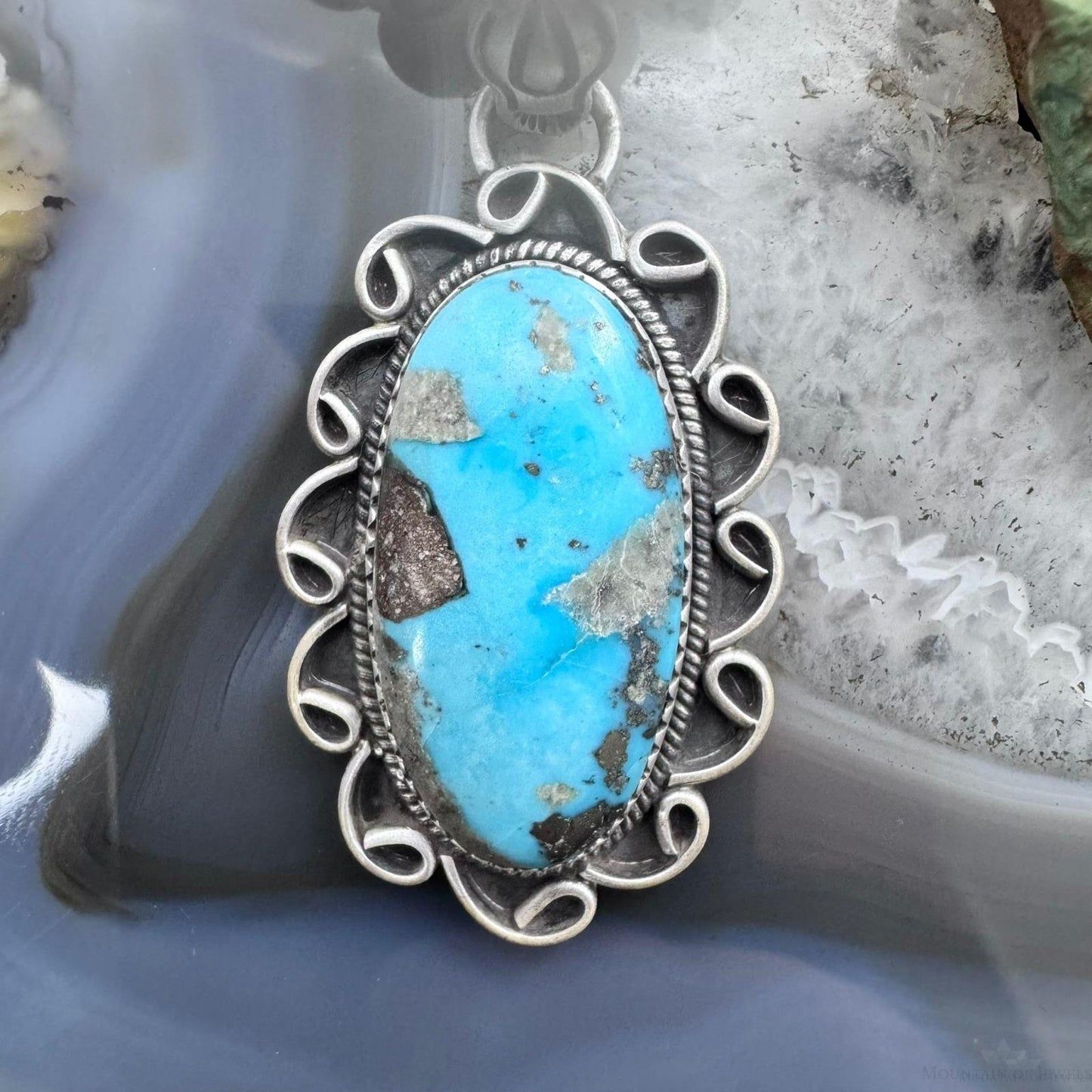 Sterling Silver Southwestern Style Elongated Oval Matrix Turquoise Pendant For Women