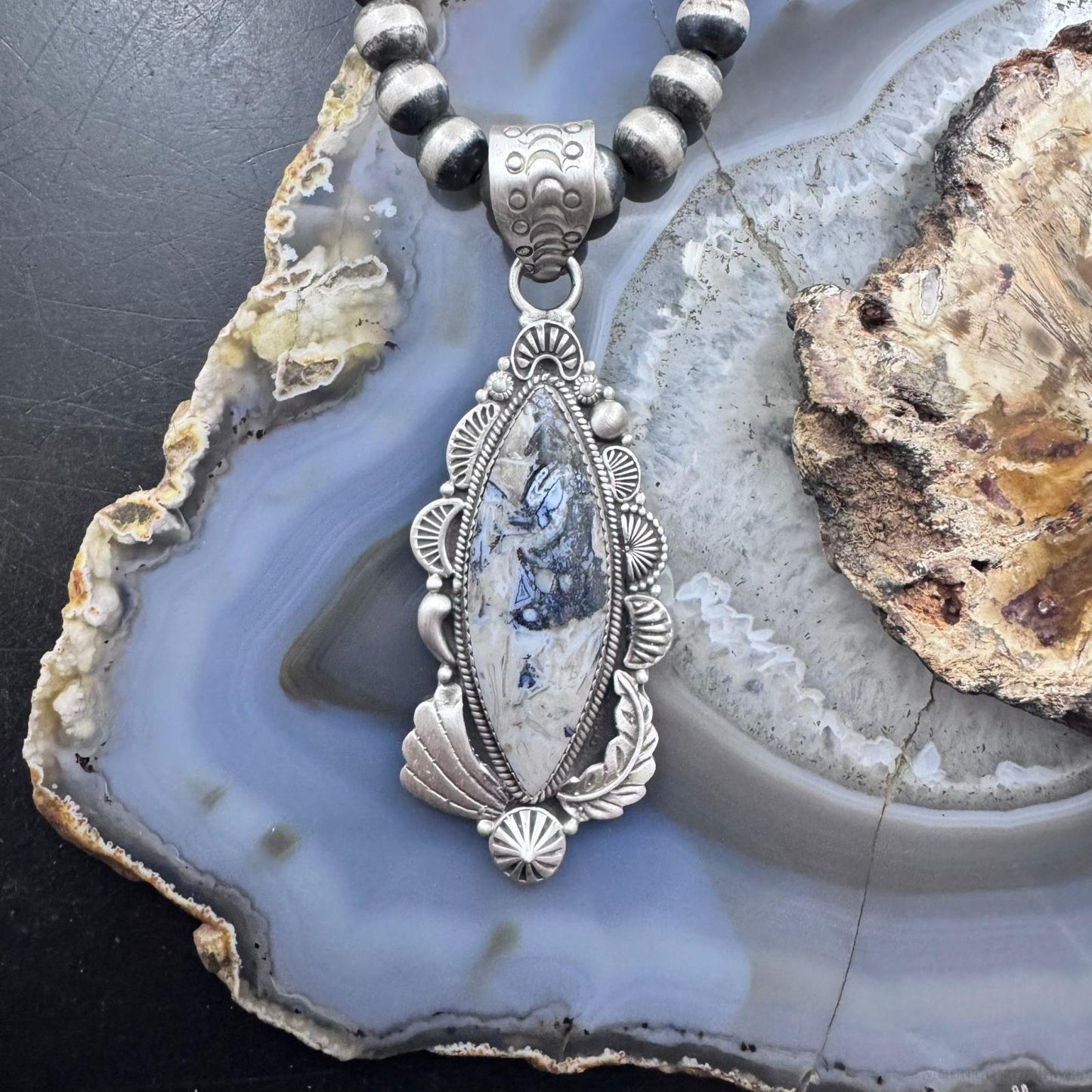 Sterling Silver Southwestern Style Elongated Marquise Dendritic Agate Decorated Pendant For Women