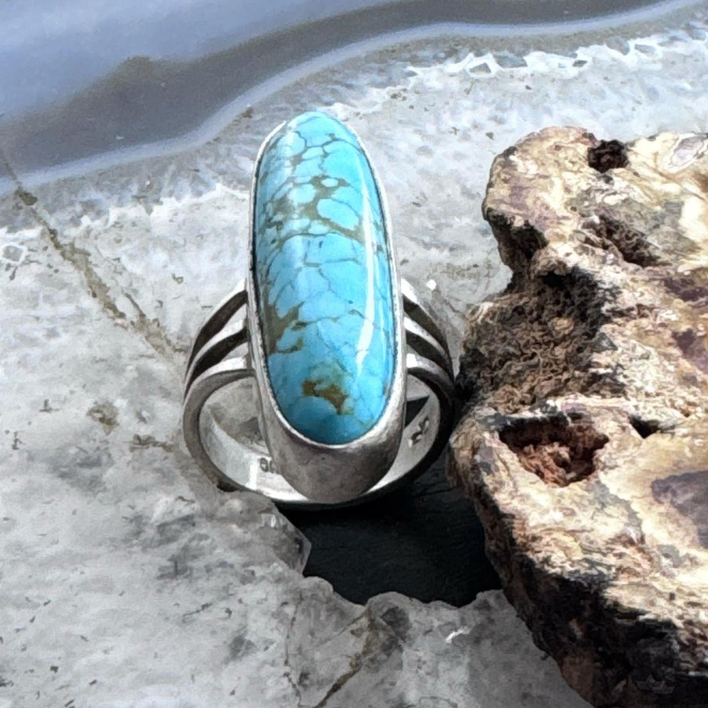 Native American Sterling Silver Elongated Turquoise Ring Size 6.25 For Women