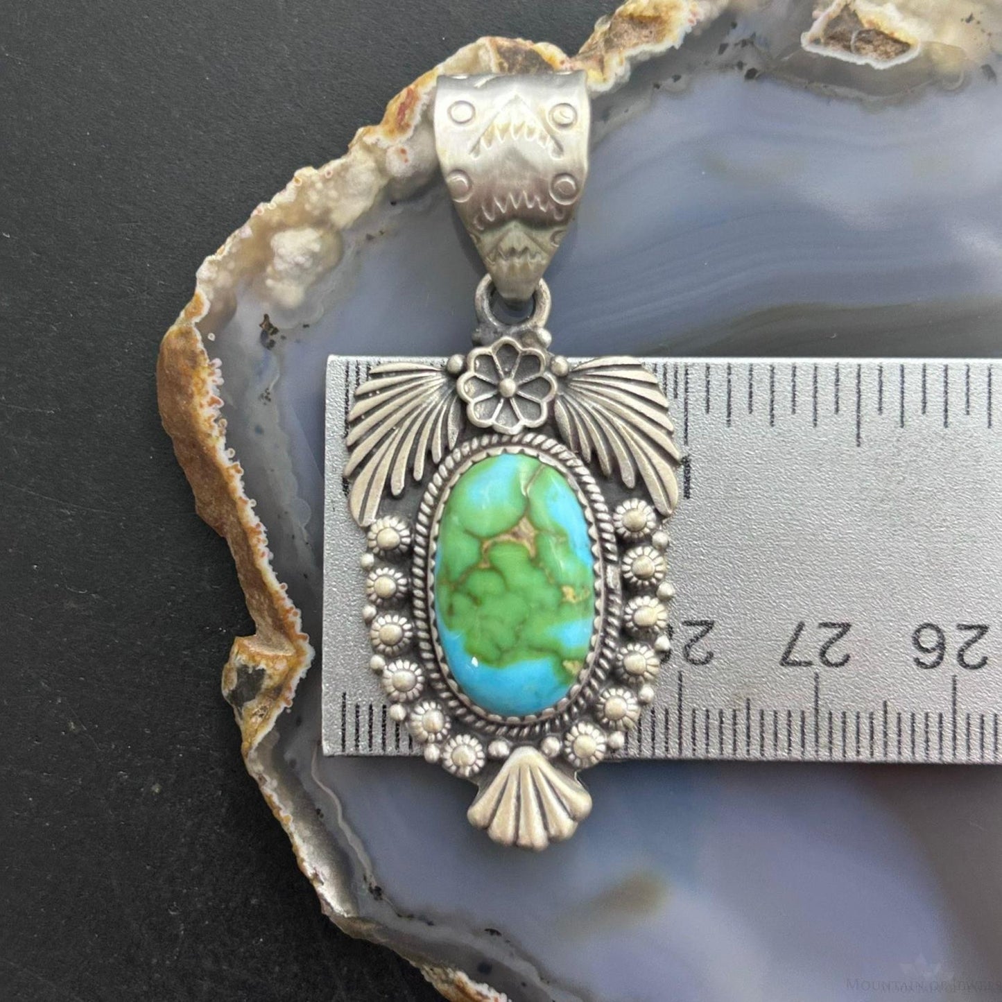 Sterling Southwestern Style Oval Sonora Gold Turquoise Leaves Decorated Pendant