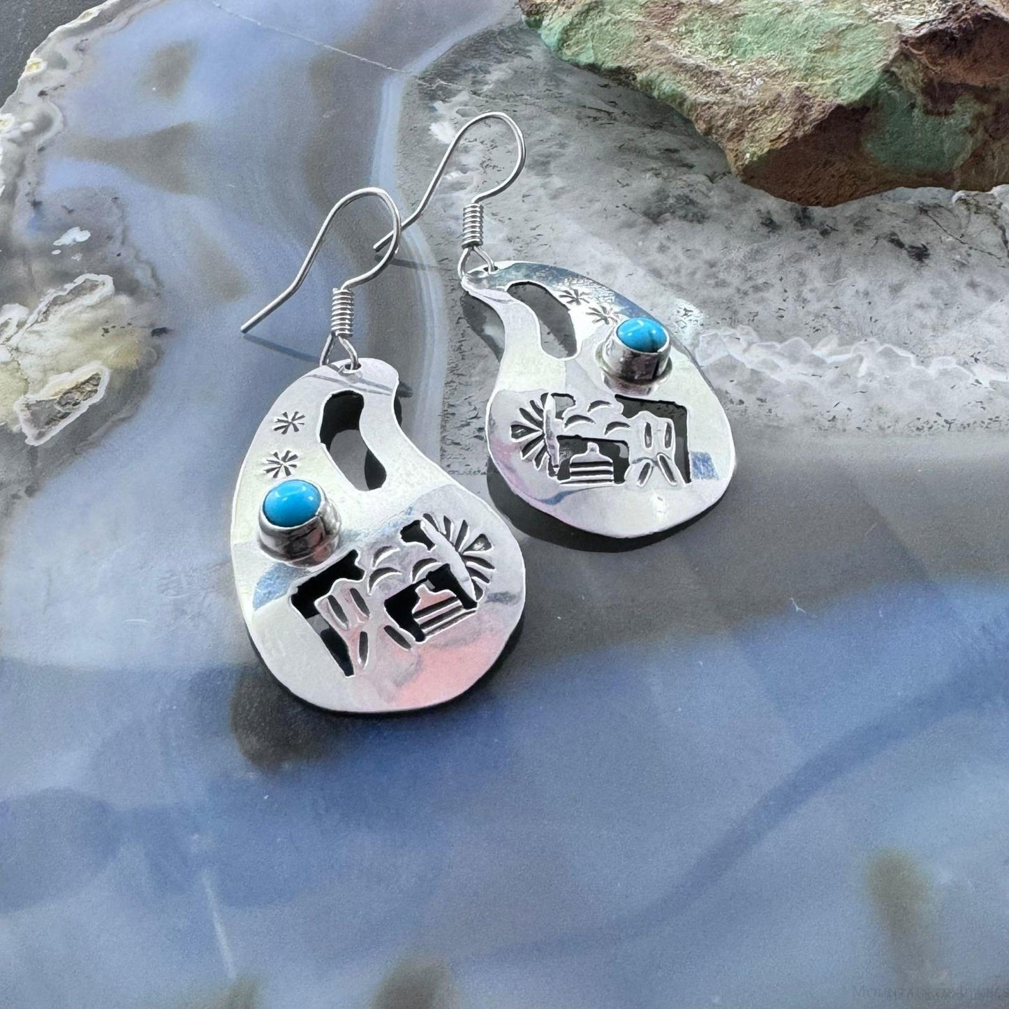 Native American Sterling Silver Cutout SW Motifs w/Turquoise Dangle Earrings For Women