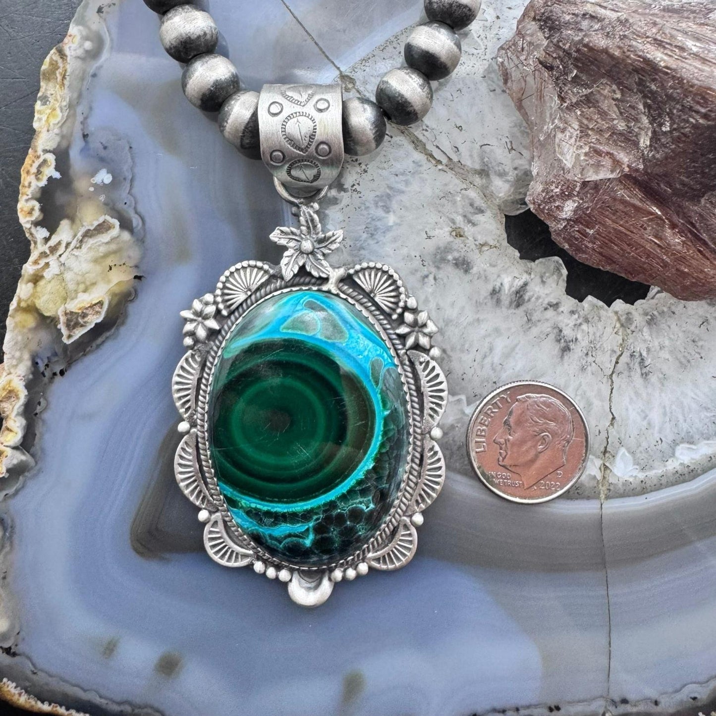 Sterling Silver Southwestern Style Oval Azurite Malachite Decorated Pendant For Women