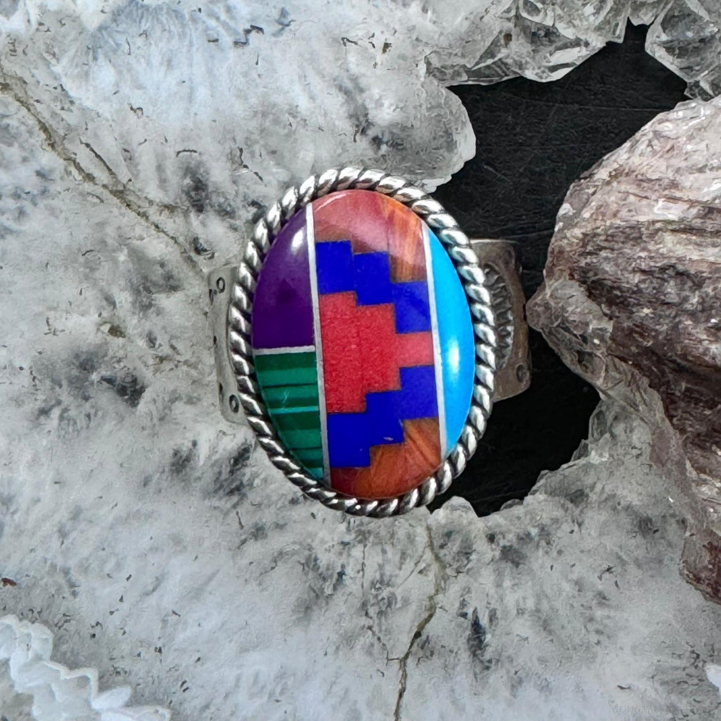 Carolyn Pollack Sterling Silver Oval Multistone Inlay Rug Design Ring Size 7.5 For Women