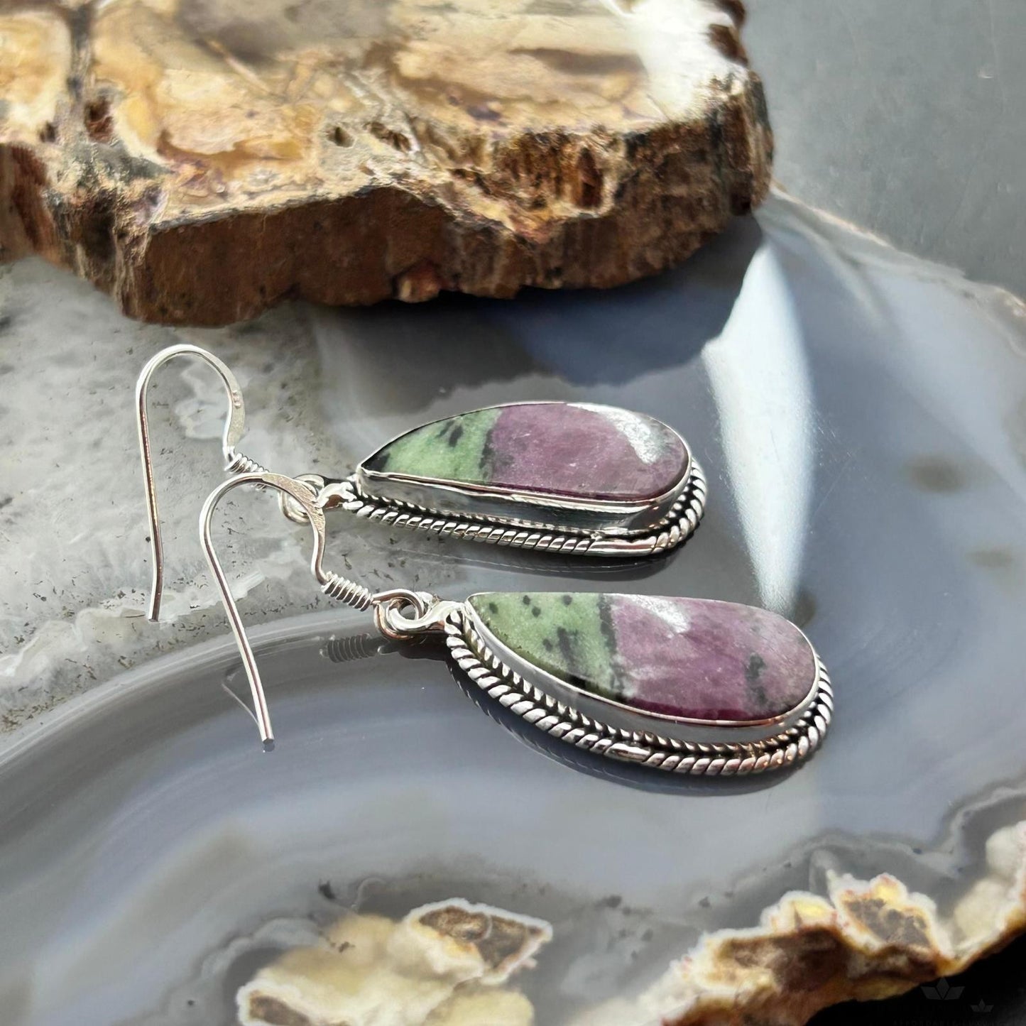 Sterling Silver Southwestern Style Paisley Ruby Zoisite Dangle Earrings For Women