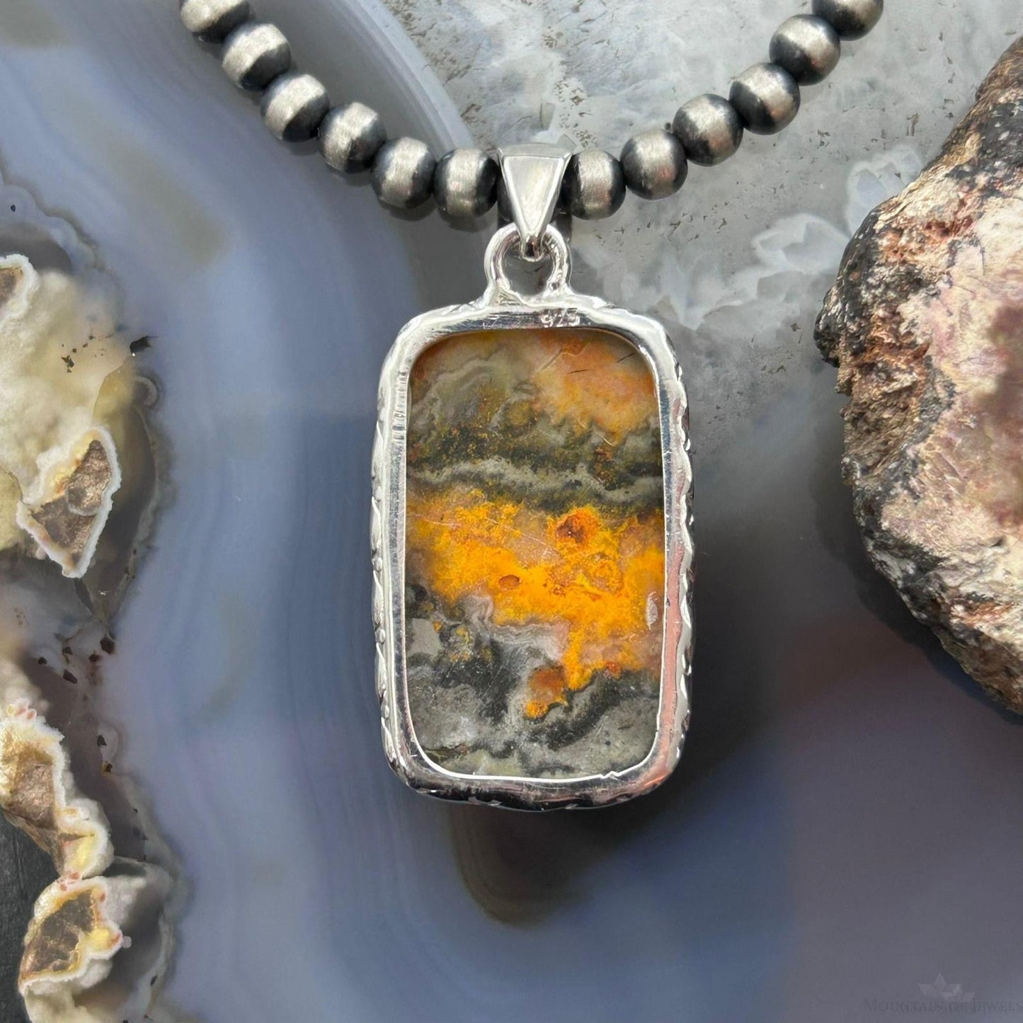 Sterling Silver Southwestern Style Rectangle Yellow Jasper Pendant For Women