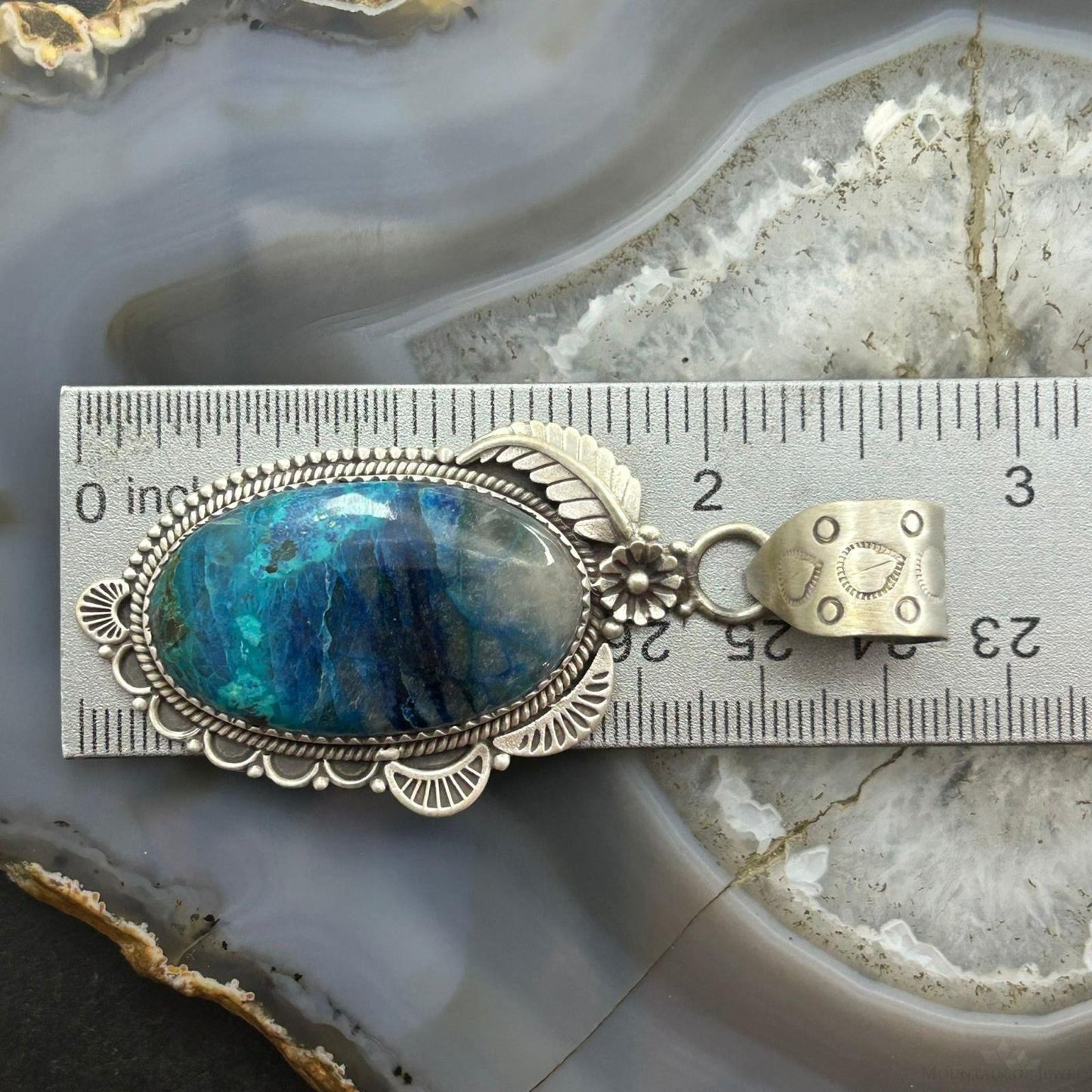 Sterling Silver Southwestern Style Elongated Shattuckite Decorated Pendant For Women