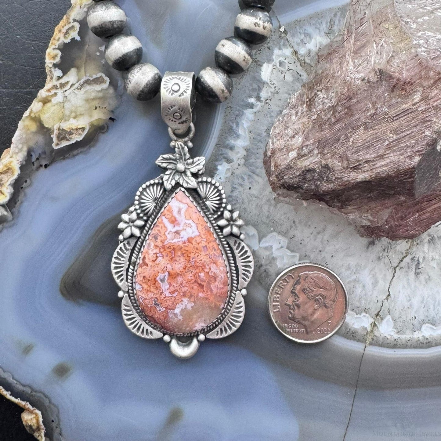 Sterling Silver Southwestern Style Teardrop Red Plum Decorated Pendant For Women