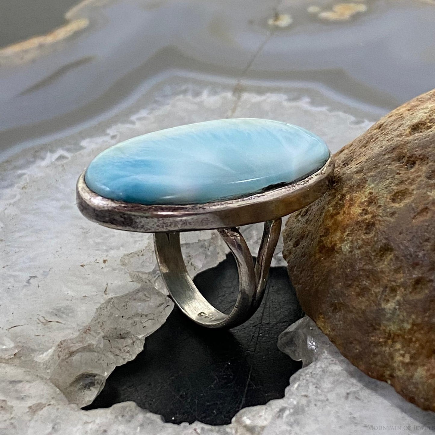 Sterling Silver Oval Larimar Split Shank Ring Size 7.75 For Women