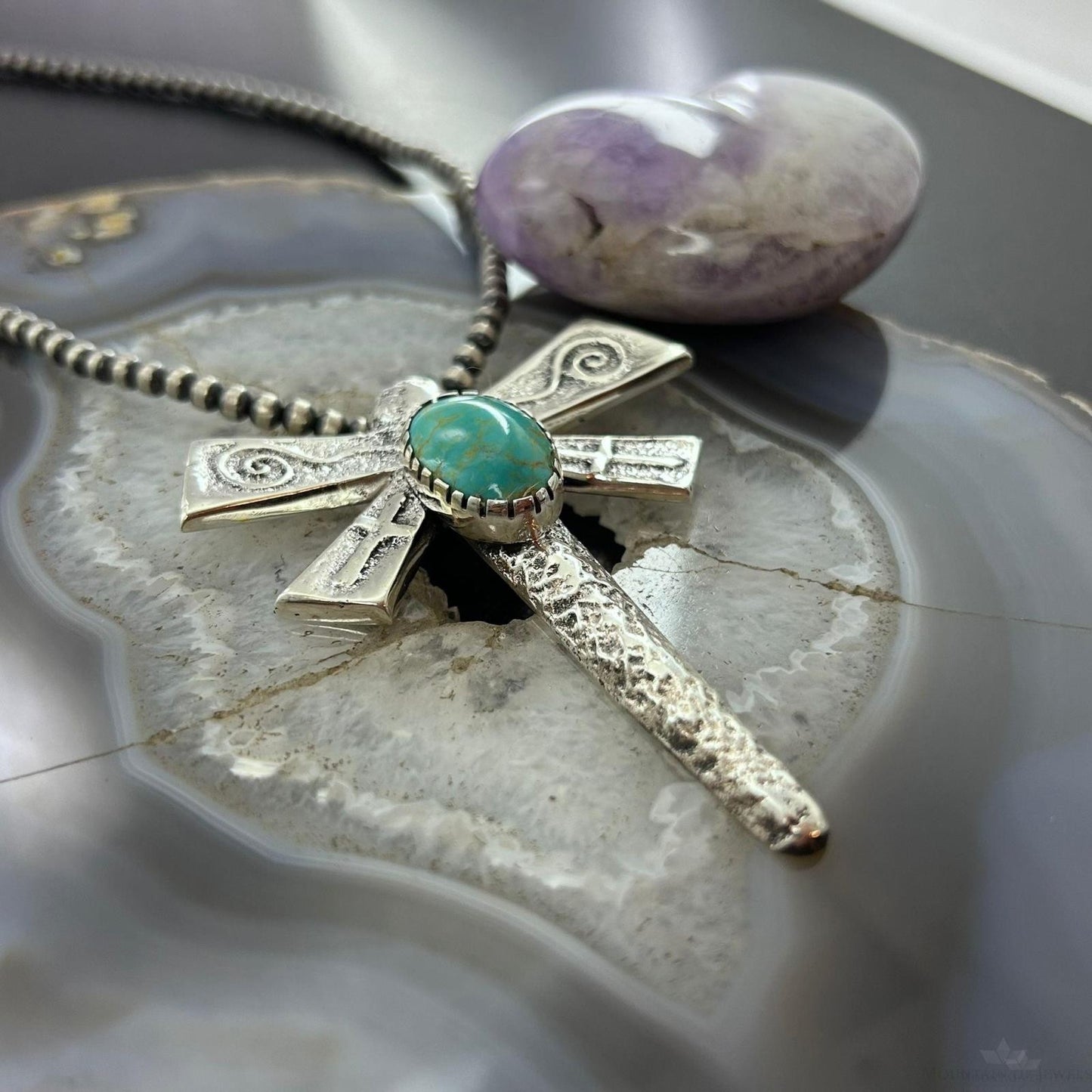 Gary Custer Navajo Sterling Silver Tufa Cast Turquoise Dragonfly Unisex Pendant