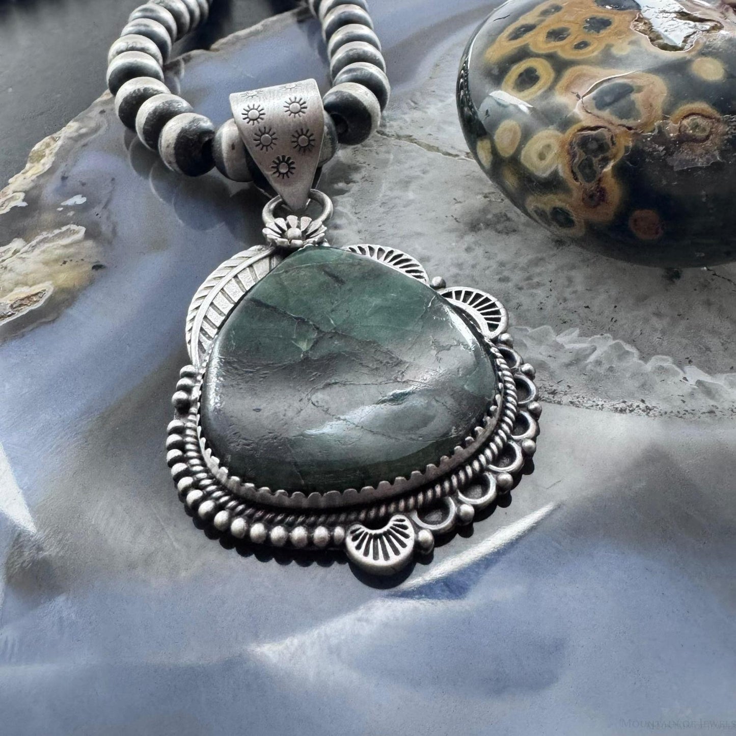 Sterling Silver Southwestern Style Teardrop Emerald Decorated Pendant For Women