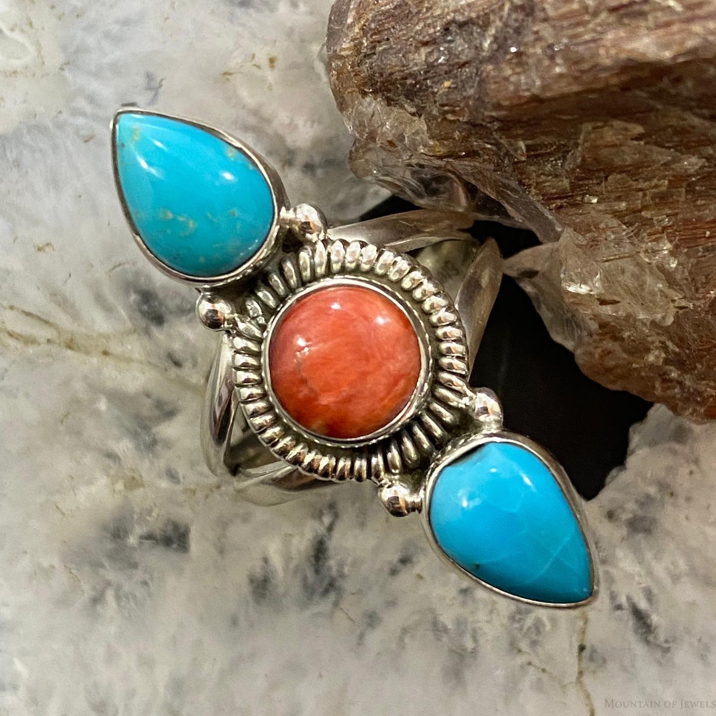 Native American Sterling Round Spiny Oyster Teardrop Kingman Turquoise Size 8.5