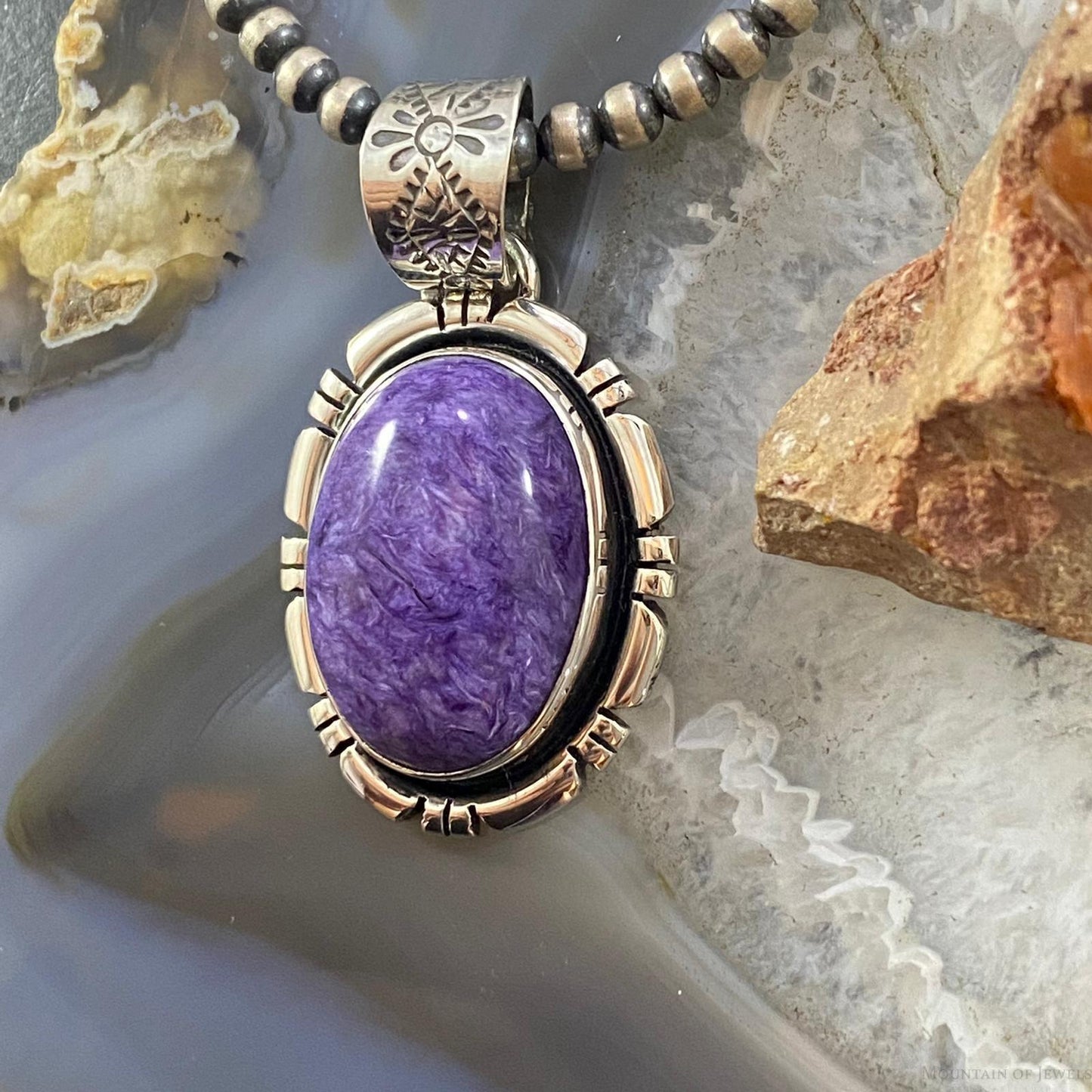 Native American Sterling Silver Oval Charoite Decorated Pendant For Women