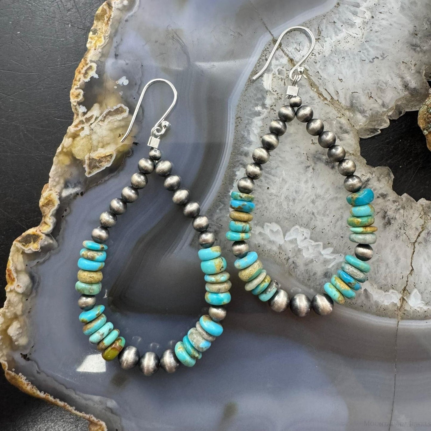 Sterling Silver 4mm Navajo Pearl Southwester Style & 6mm Turquoise Bead Hoop Earrings For Women