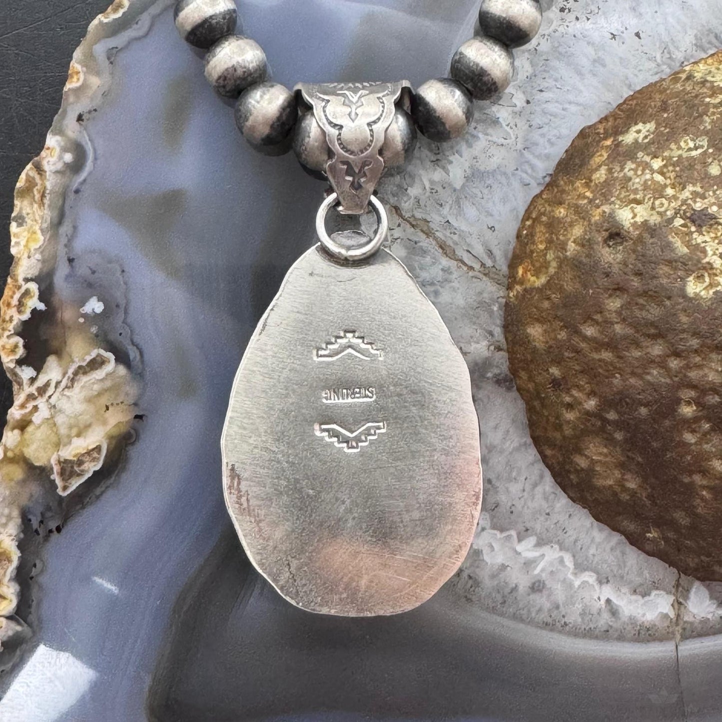 Native American Sterling Silver Teardrop Black Jack Decorated Pendant For Women