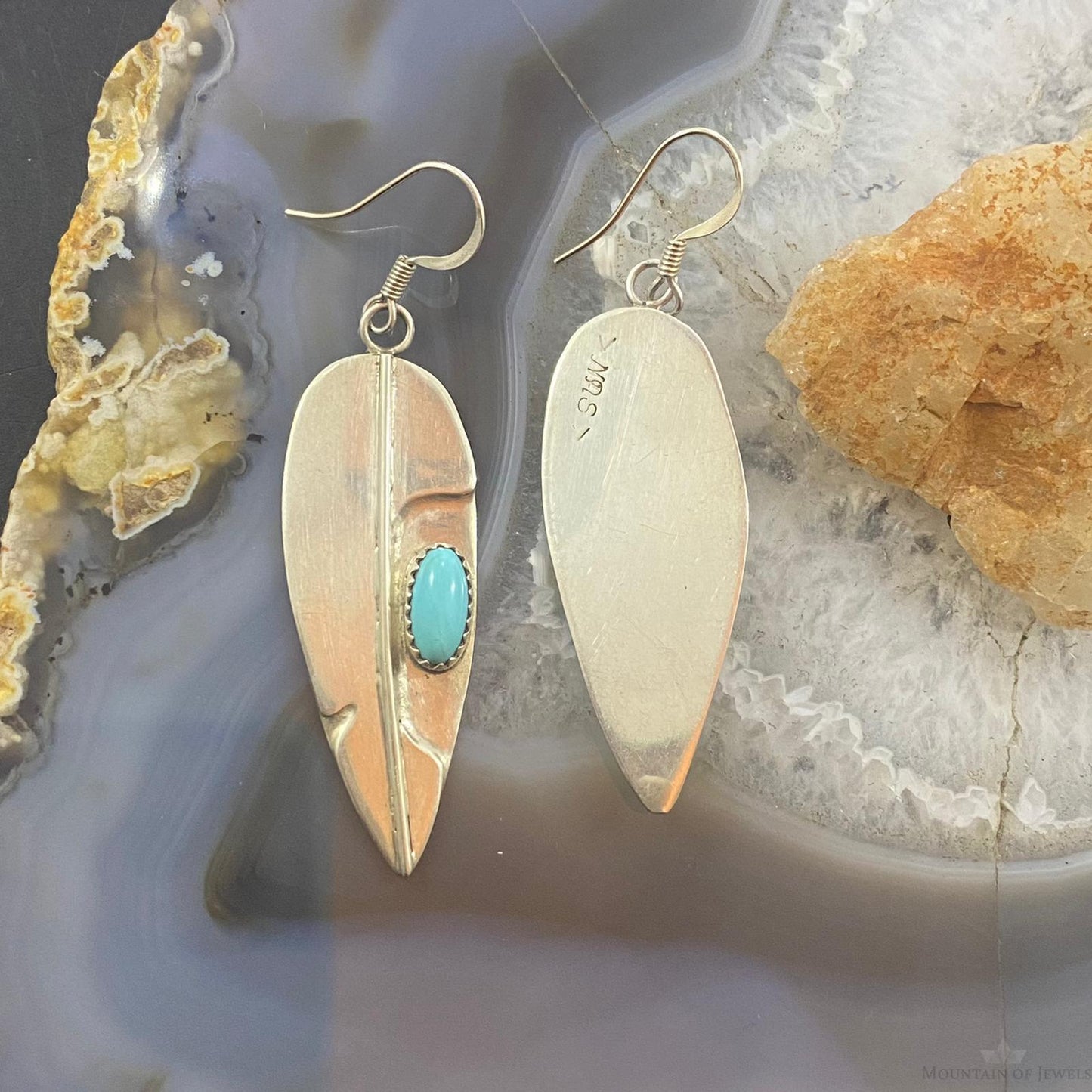 Signed Native American Sterling Silver Leaf Turquoise Dangle Earrings For Women