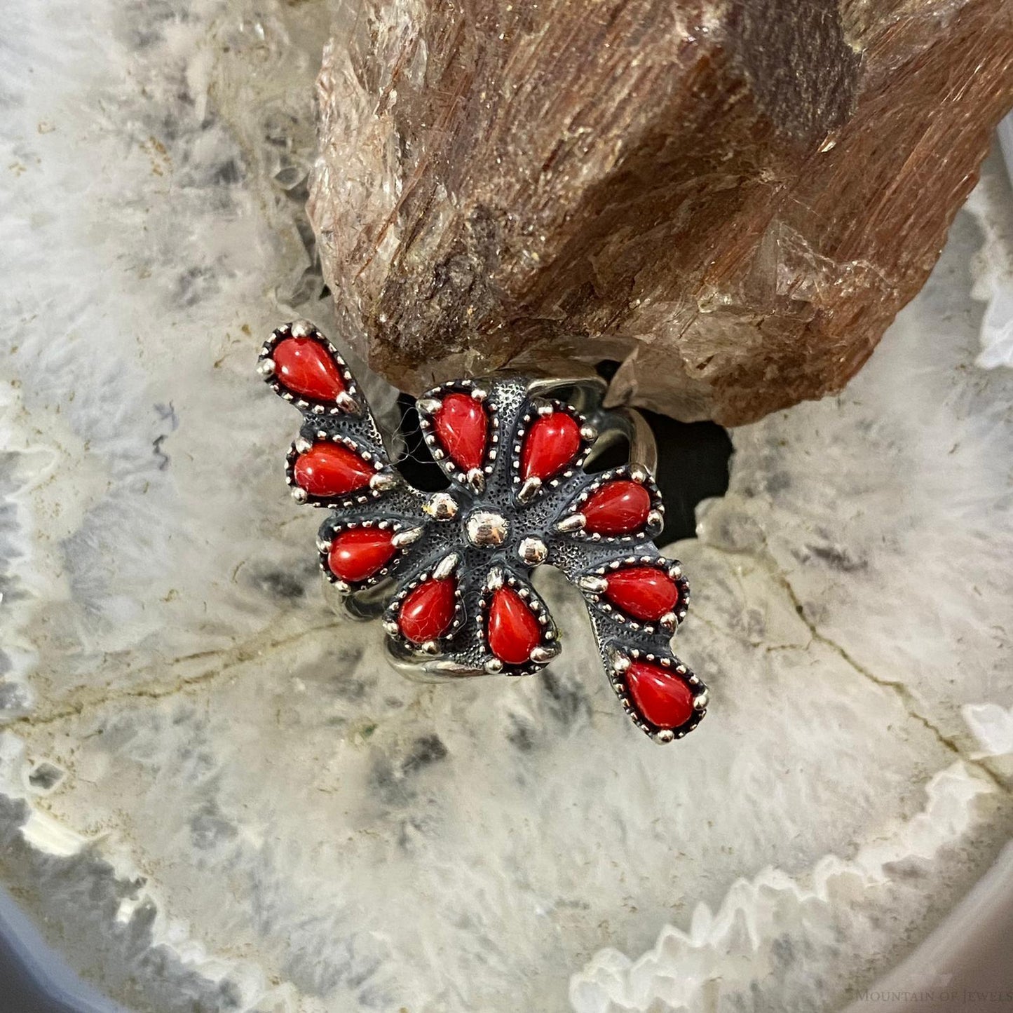Carolyn Pollack Sterling Silver Red Jasper Cluster Decorated Ring For Women, Variety of Sizes