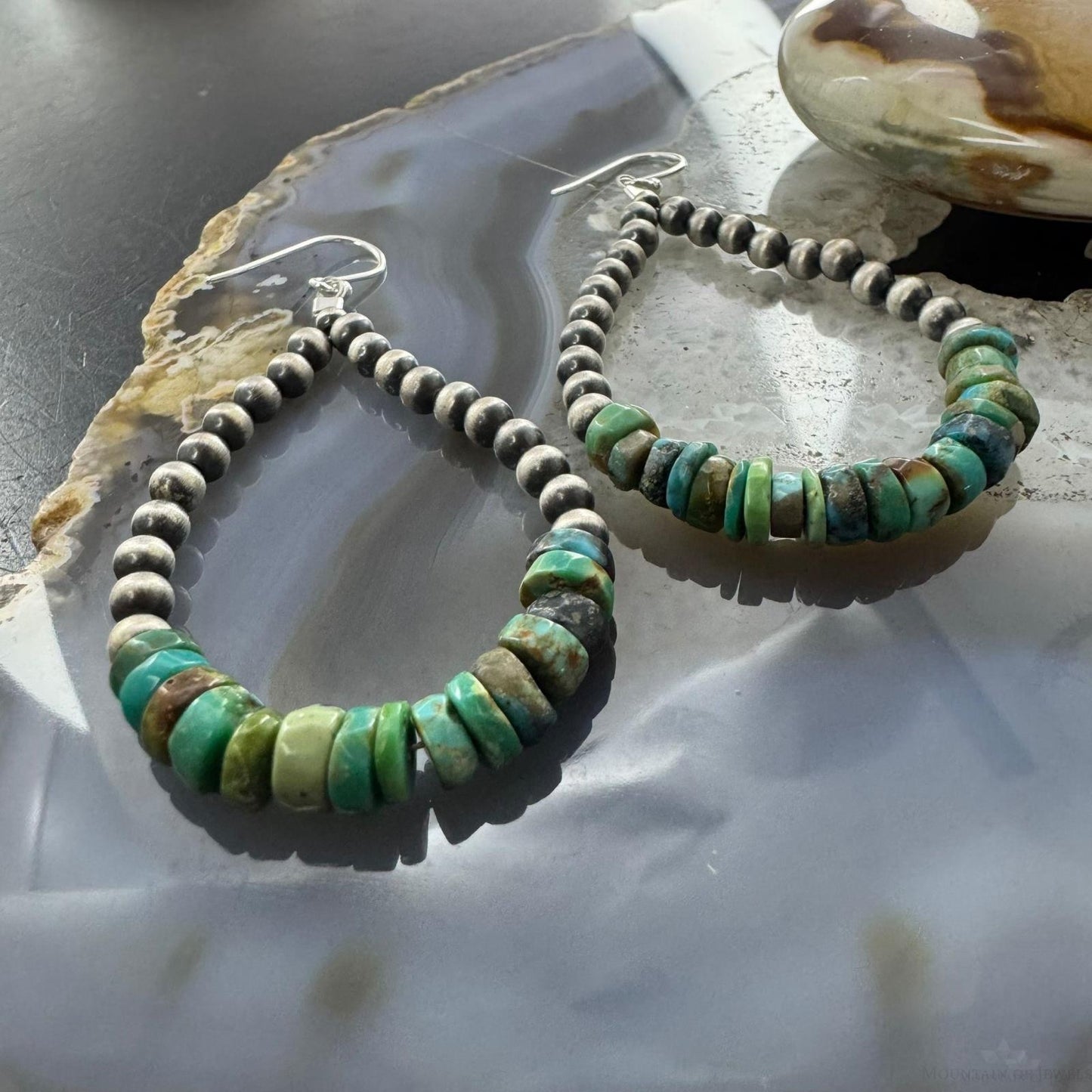 Sterling Silver Navajo Pearl Southwester Style & Turquoise Bead Hoop Earrings For Women