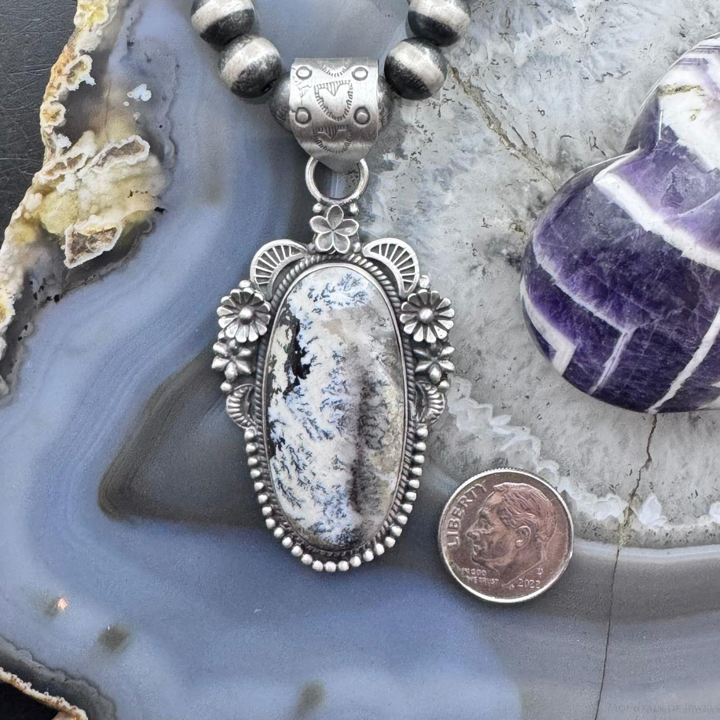 Sterling Silver Southwestern Style Elongated Oval Dendritic Agate Decorated Pendant For Women
