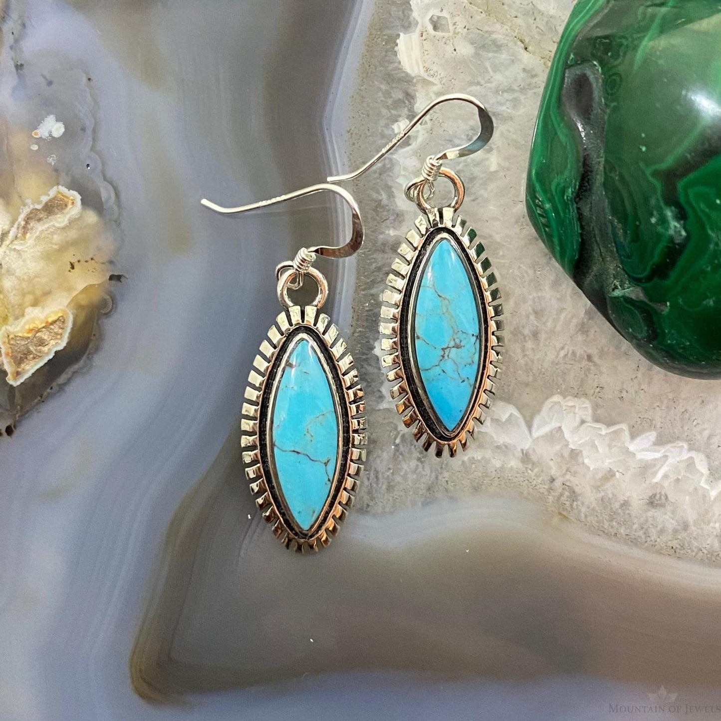 Native American Sterling Silver Marquise Turquoise Dangle Earrings For Women