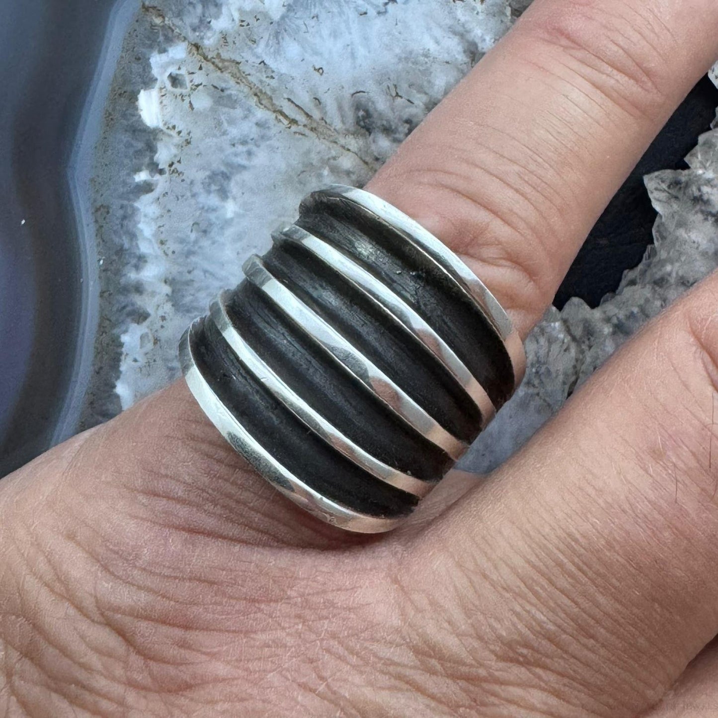 Sterling Silver Five Row Carved Solid Fashion Unisex Ring, Taxco Mexico
