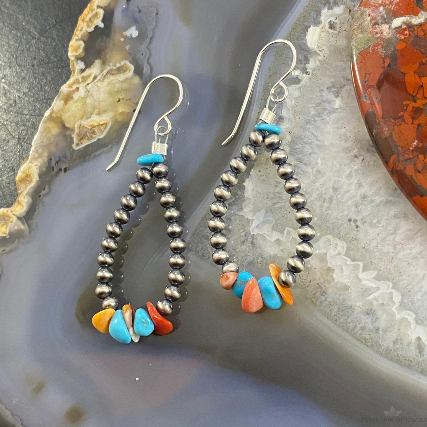 Navajo Pearl, Coral & Turquoise Beads 3mm Sterling Teardrop Dangle Earrings