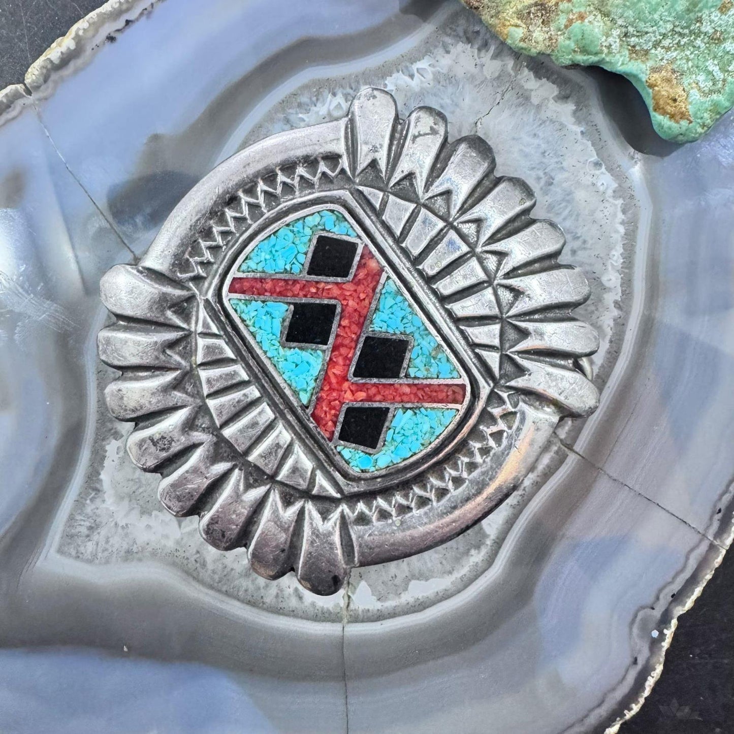 Vintage Native American Sterling Silver Chip Inlay Large Belt Buckle For Men