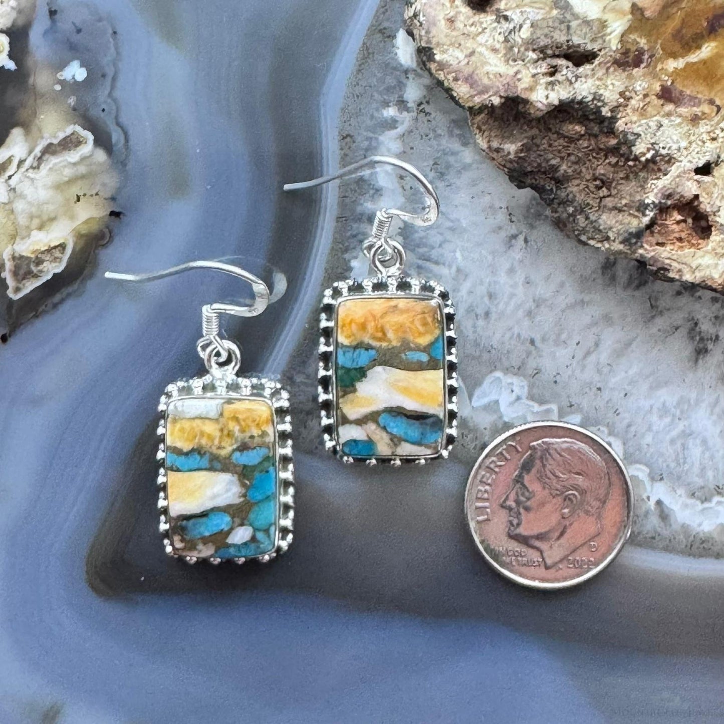 Sterling Silver Southwestern Style Rectangle Spiny Oyster Turquoise Dangle Earrings For Women