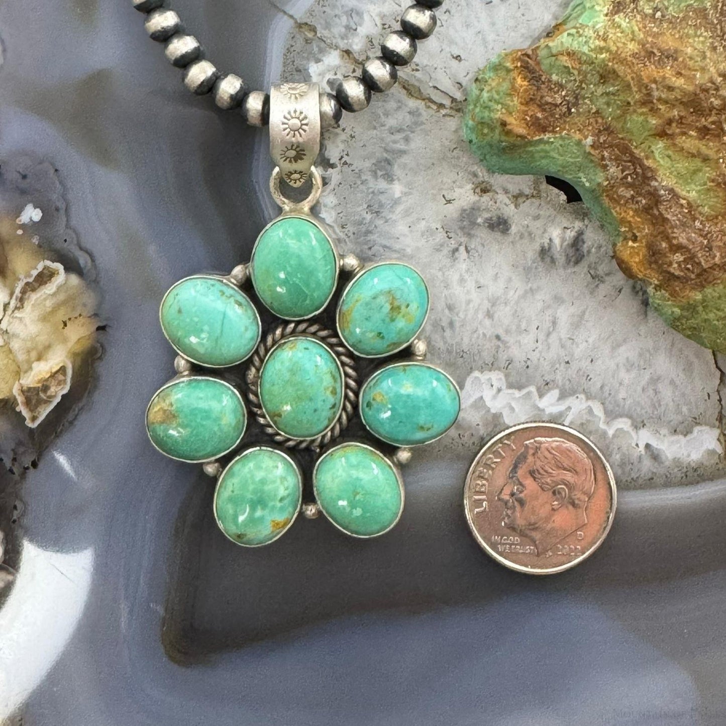 Sterling Silver Southwestern Style Turquoise Cluster Flower Pendant For Women