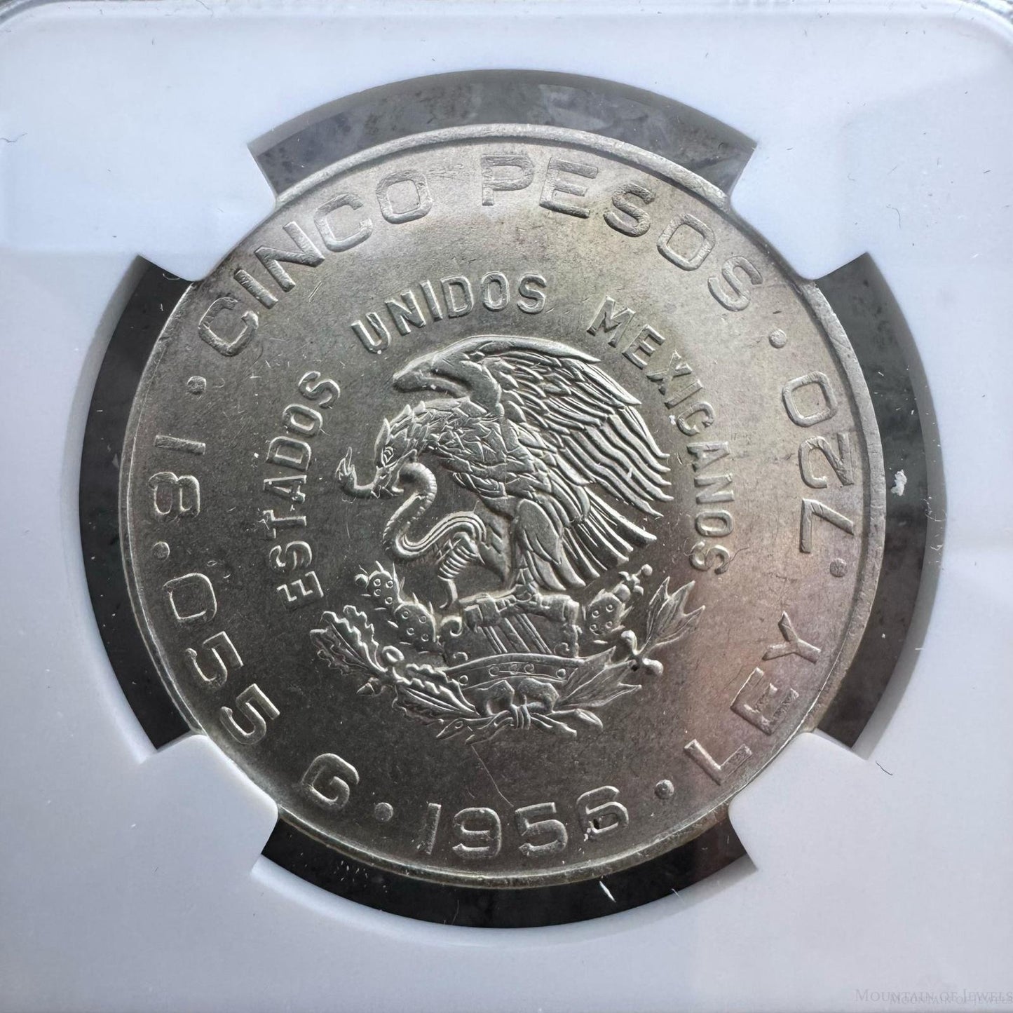 1956 MEXICO SILVER 5 CINCO PESOS S5P NGC UNC DETAILS #002