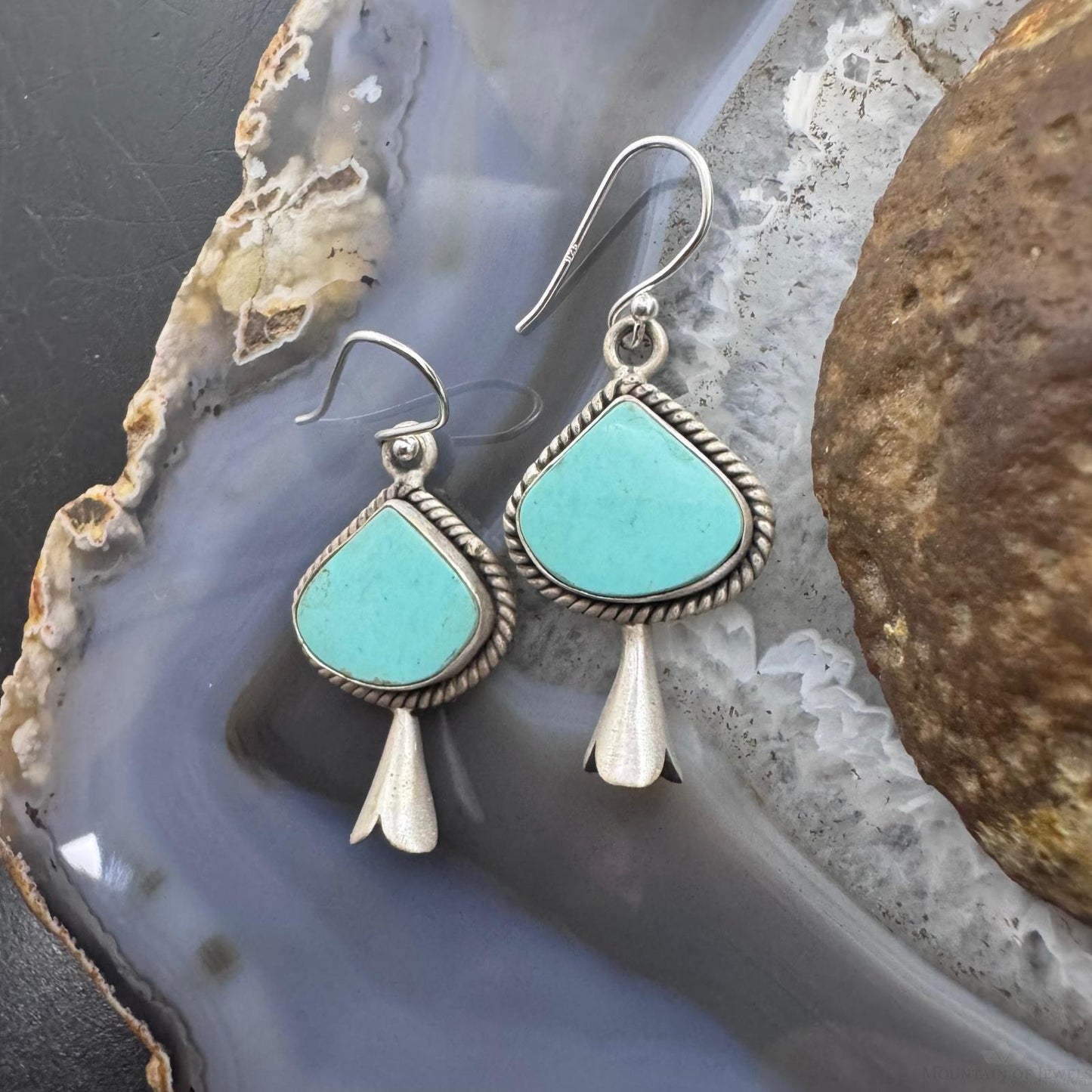 Sterling Silver Southwestern Style Turquoise Squash Blossom Dangle Earrings For Women